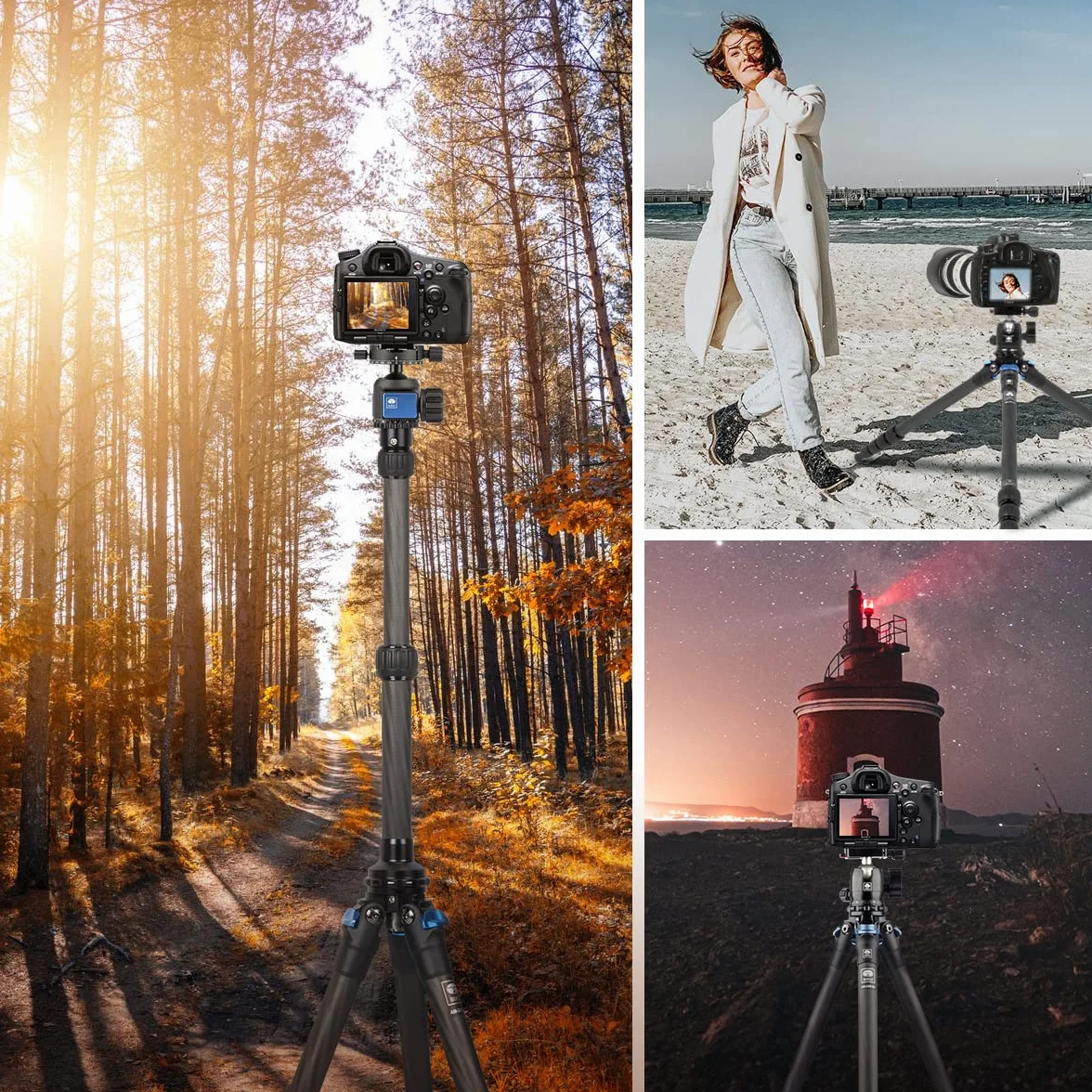 SIRUI AM-225+SL-100 statyw podróżny z wysuwaną kolumną środkową, lekki trójnożny statyw do kamery, zamknięcia obrotowe, kolce, maks. 120 cm, złożony 39 cm, 6 kg udźwig