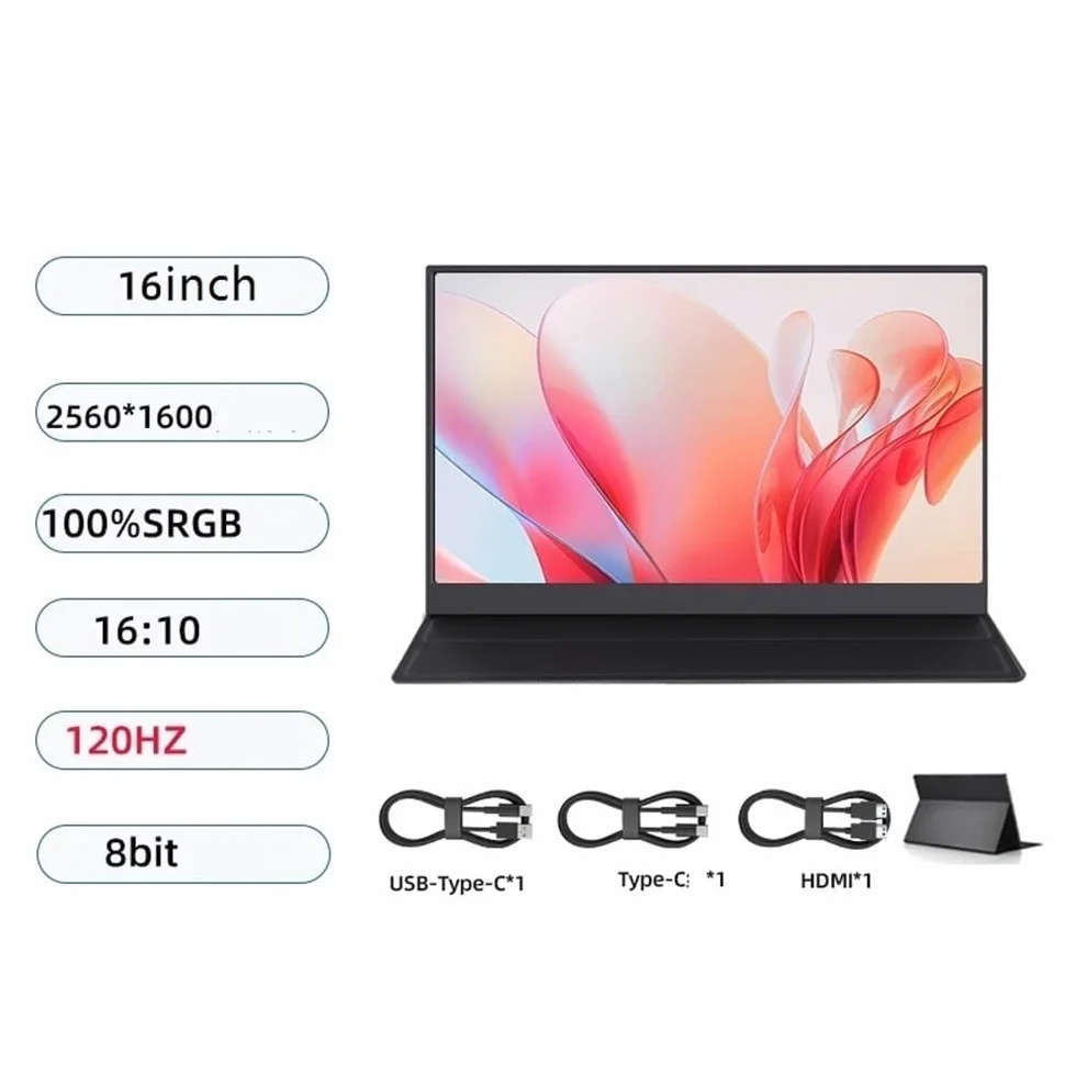 Przenośny monitor do laptopa 16-calowy FHD 2K 120Hz Konsole do gier Ekran zewnętrzny Monitor przenośny odpowiedni laptopów Przenośny monitor do gier