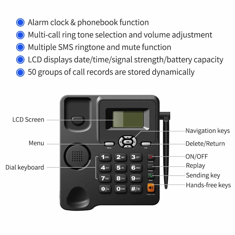 GSM 850/900/1800/1900 MHz, karta SIM 2G, bezprzewodowy telefon stacjonarny z anteną radiową, funkcja alarmu do domu, centrum obsługi telefonicznej biura, firmy hotelowej