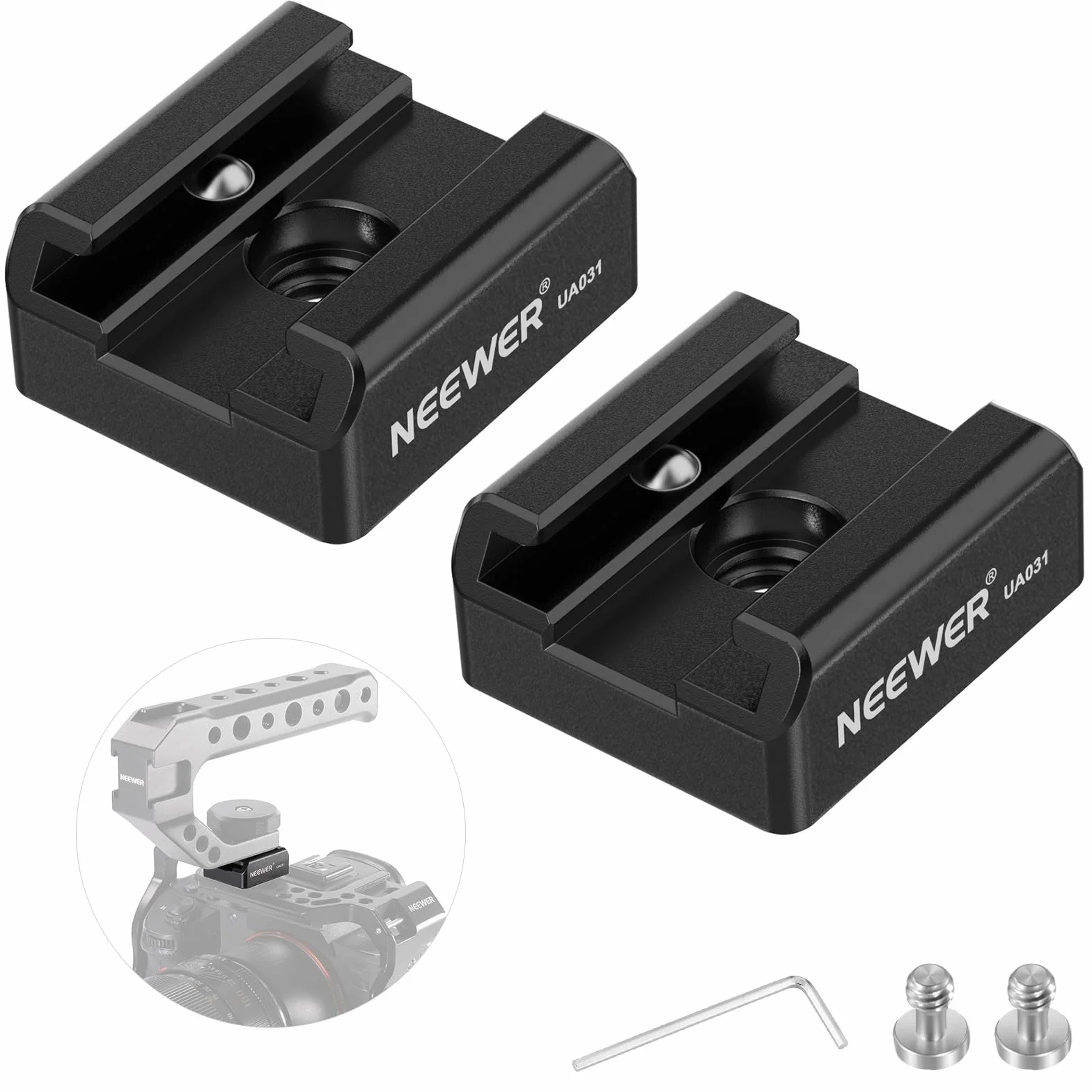 NEEWER Zestaw 2 adapterów montażowych Cold Shoe Mount ze śrubą 1/4" do lampy błyskowej LED, aluminiowy uchwyt na buty z antypoślizgową podkładką zapobiegającą skręcaniu, kompatybilny z uchwytem górnym