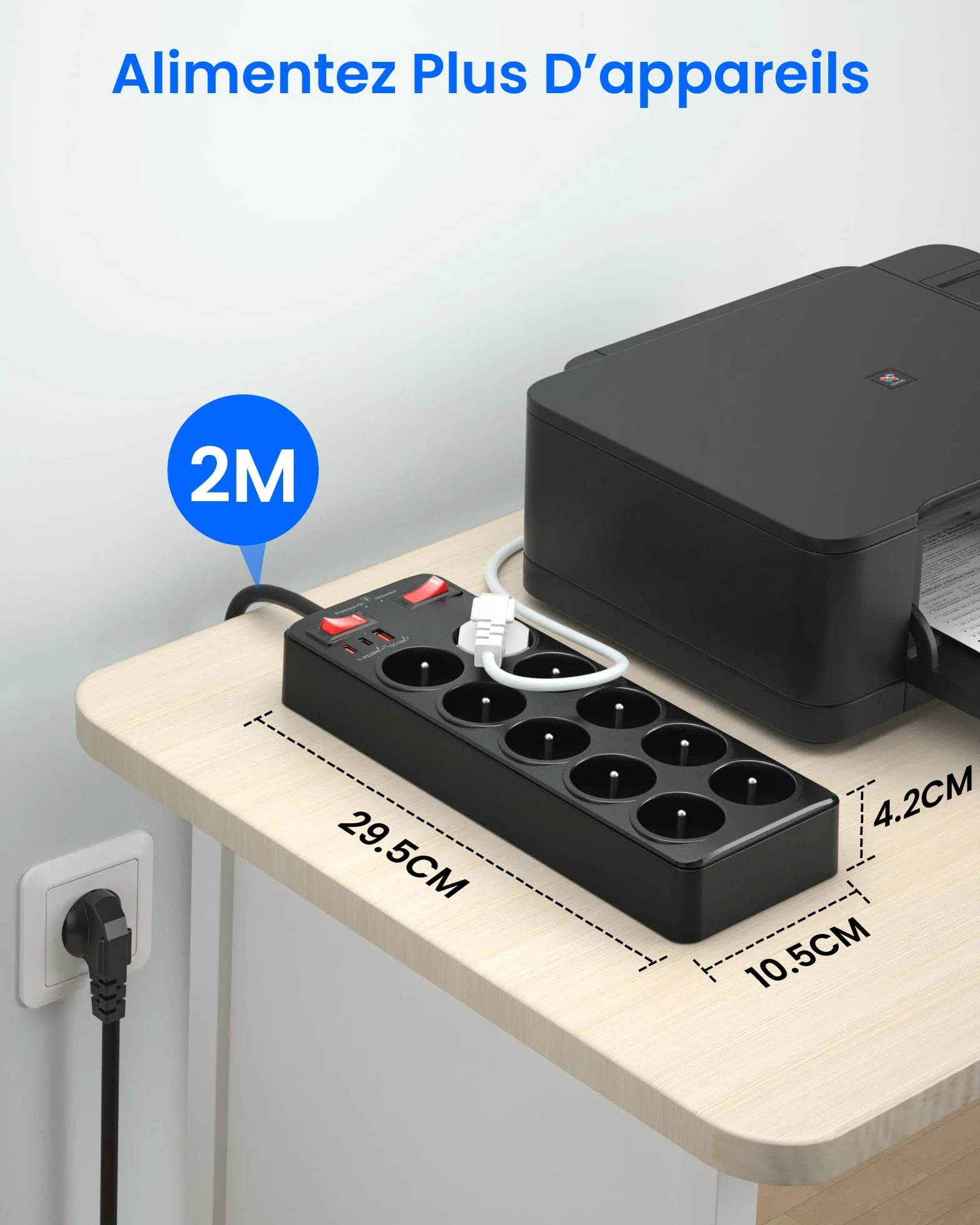 Listwa Zasilająca Przeciwprzepięciowa, Polskie 10 Gniazda z Masą 16A 2P+T | Listwa Zasilająca USB C z Wyłącznikami, Wielokrotne Gniazdo Wtyczka Schuko Typu E, Elektryczne Przedłużacz 2 M Kabel, Czarny