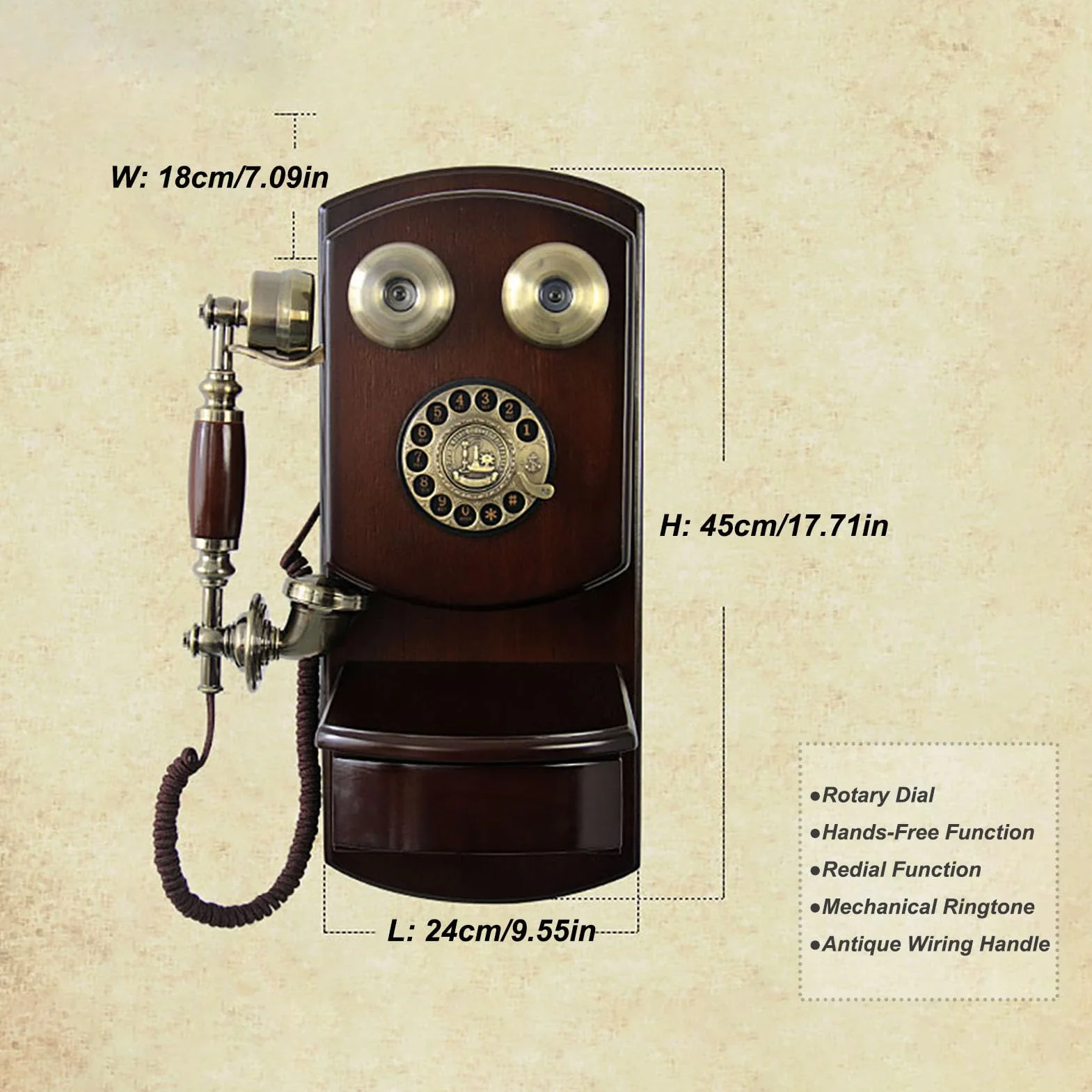 HJMMWT Telefon do montażu na ścianie w stylu retro, telefony stacjonarne do domu, vintage przewodowy z dzwonkiem mechanicznym, klasyczna, staromodna tarcza do biura szkolnego w kuchni
