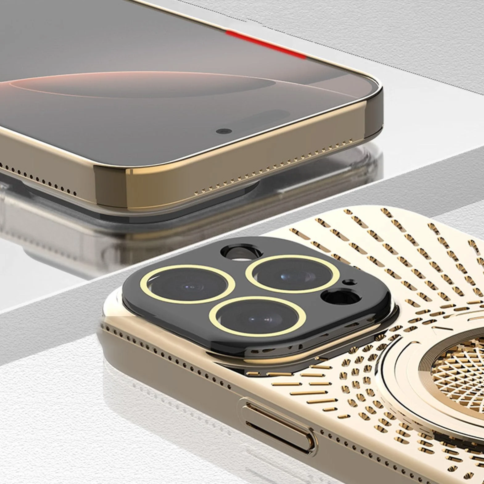 Magnetyczne etui z przyssawką do iPhone'a 16/16 Plus/16 Pro / 16 Pro Max, rozpraszanie ciepła, wentylowane, wydrążone etui na tył telefonu, obrotowy składany pierścień, 16pro max, srebrny
