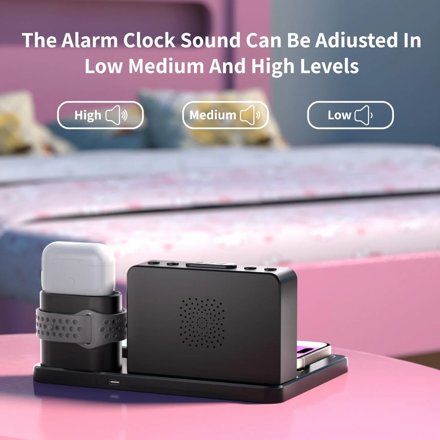 Bezprzewodowa stacja ładująca, budzik 7 w 1 z bezprzewodową ładowarką, stacja ładująca do wielu urządzeń Apple/Samsung Galaxy, dla iPhone Watch i Airpods