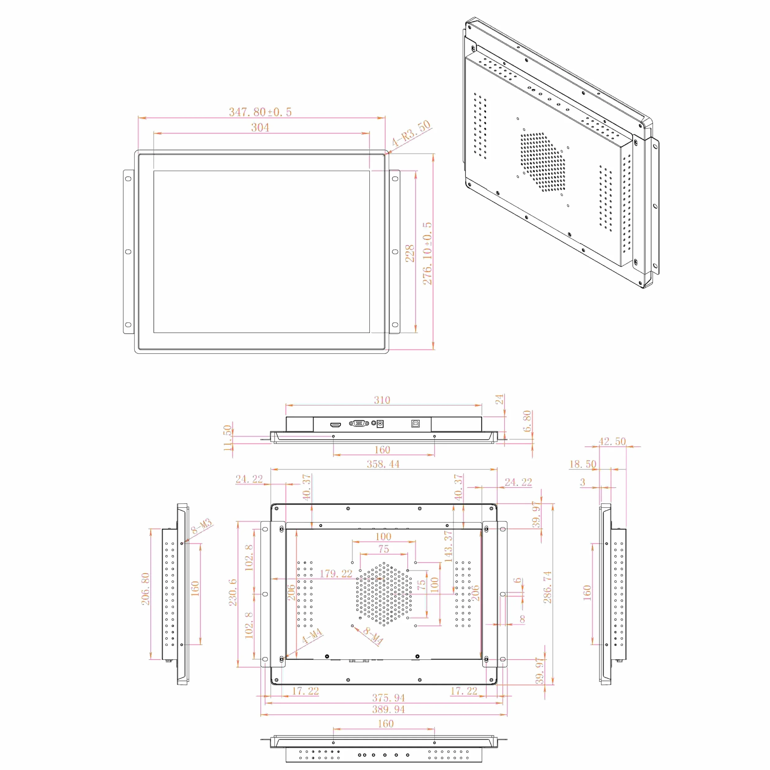 VSDISPLAY Przemysłowy ekran dotykowy 15", 1024 x 768, 350 nitów, przód IP65, 10-punktowy dotyk, duży zakres temperatur, obudowa ze stopu aluminium
