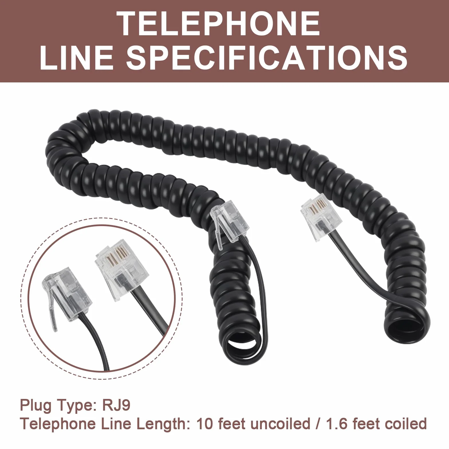 Kabel telefoniczny RJ9 4P4C 3 metry z obrotowym rozplątywaniem o 360°, czarny - spiralny kabel telefoniczny stacjonarny, uniwersalny kompatybilny ze wszystkimi telefonami z interfejsem RJ9 do domu i