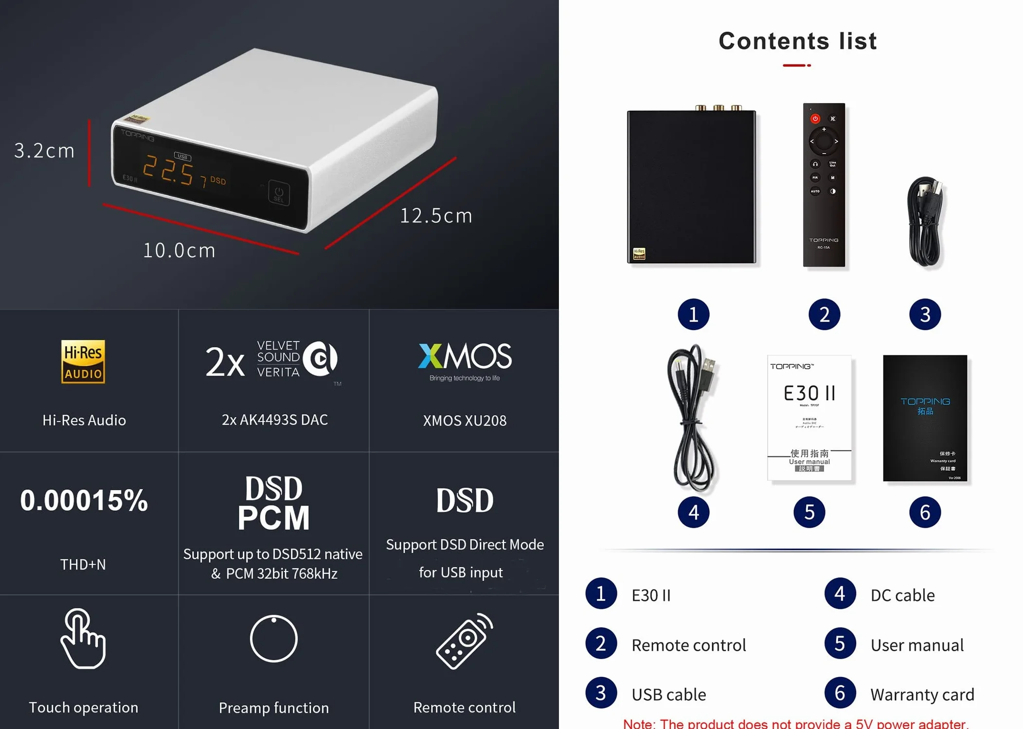 Topping E30 II DAC HiFi 2 x AK4493S Wzmacniacz trybu bezpośredniego dekodowania dla wejść USB/Coax/Opt PCM 32bit 768kHz DSD512 Native Srebro
