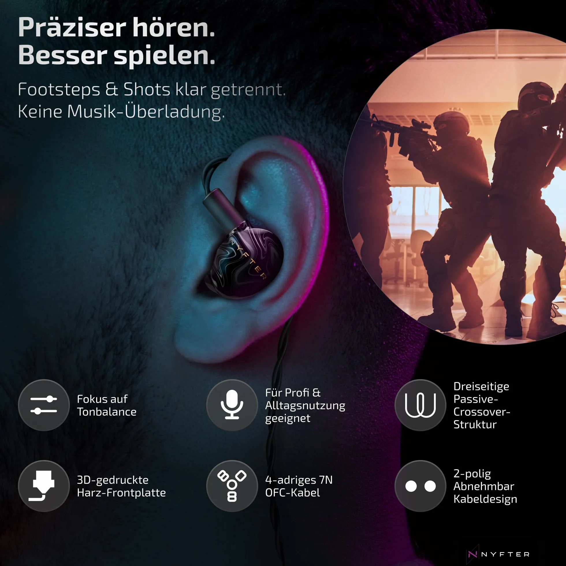 Nyfter - Mizu Gaming IEM hybrydowe monitory douszne, słuchawki HiFi z ręcznie wykonaną powłoką z żywicy o wyjątkowym wzornictwie - kabel 2 m - profil dźwiękowy do gier i e-sportu (domyślnie)