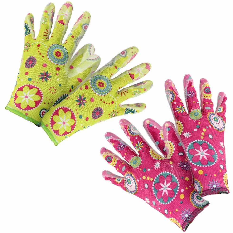 COM-FOUR® Rękawice ogrodowe robocze Flower Power rozmiar 8 zielone różowe 2 pary