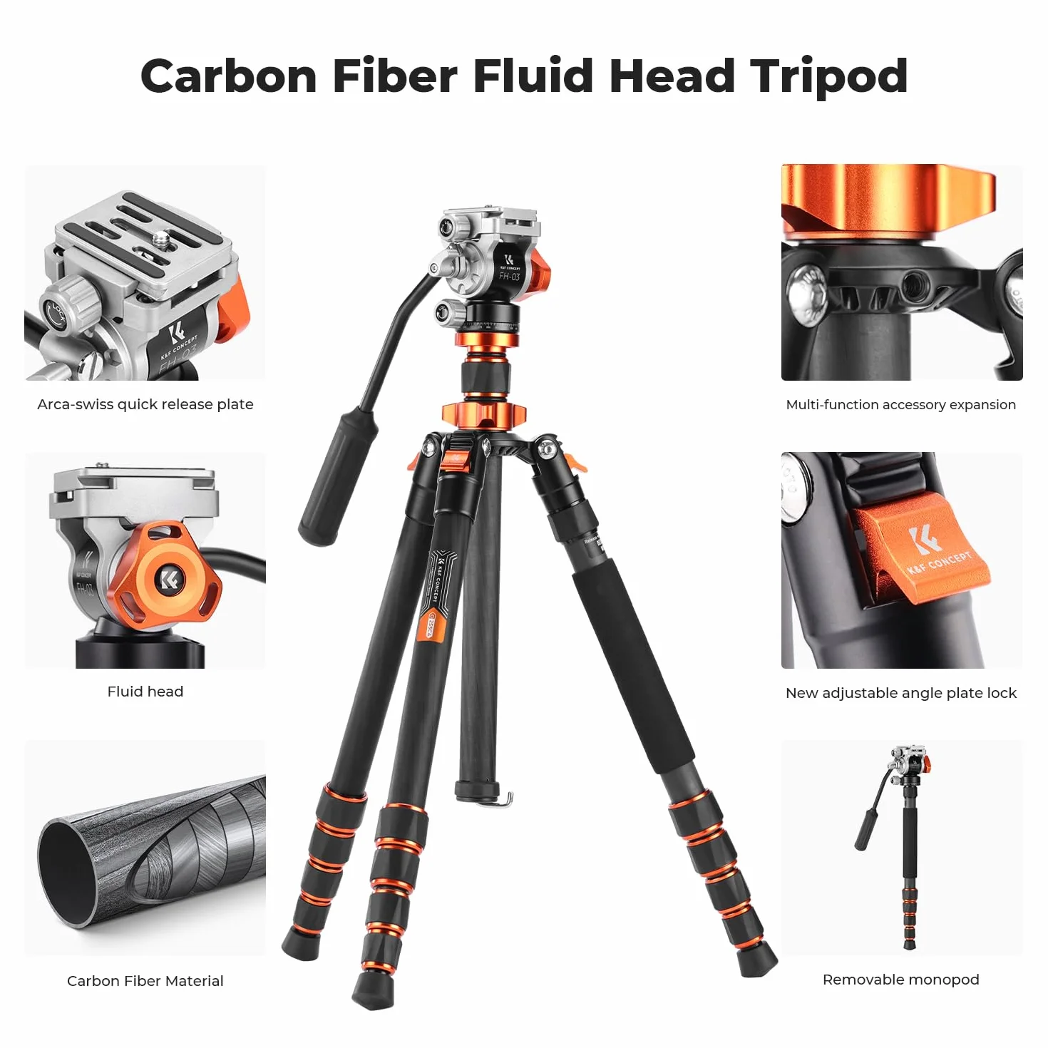 K&F CONCEPT Statyw z włókna węglowego 173 cm, statyw fotograficzny z głowicą hydrauliczną ± 90°, statyw wideo monopod 182 cm z szwajcarską Arca do lustrzanki, Max 5kg, O255C4+FH-03