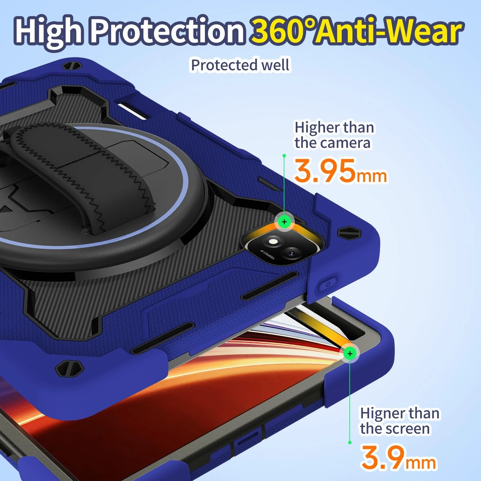 Odporne na wstrząsy etui do Honor Pad GT Pro 31.2 cm / MagicPad 2 31.2 cm, etui dla dzieci, etui z TPU, podpórka, wytrzymały pokrowiec ochronny z paskiem na rękę (ciemnoniebieski)