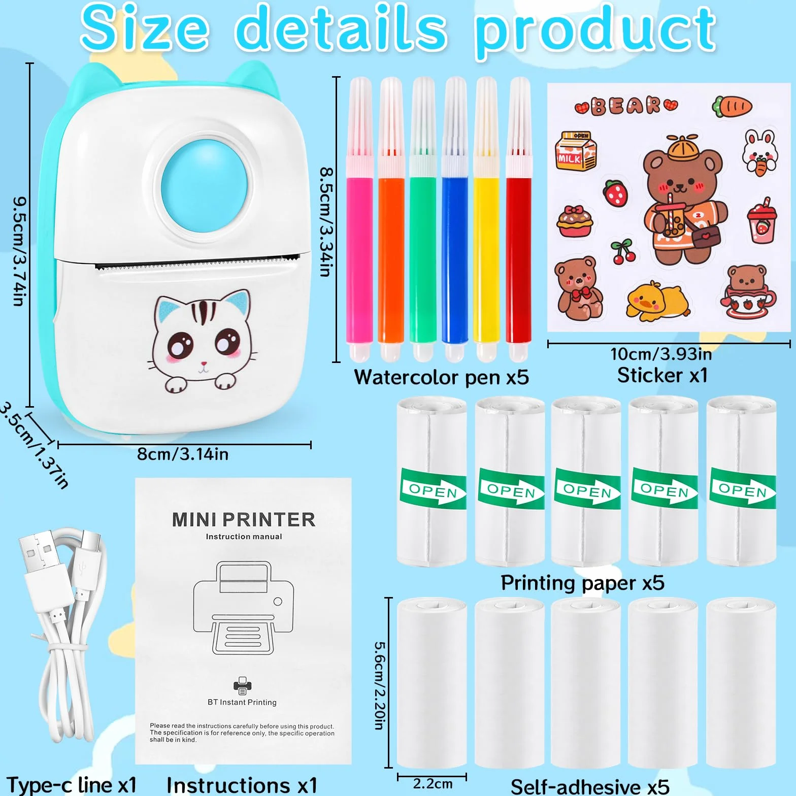 XINGGANG Mini drukarka, mobilna drukarka fotograficzna, przenośna mini drukarka fotograficzna, bezprzewodowa drukarka fotograficzna, drukarka Bluetooth, pomoc w nauce, notatki, dziennik, notatki