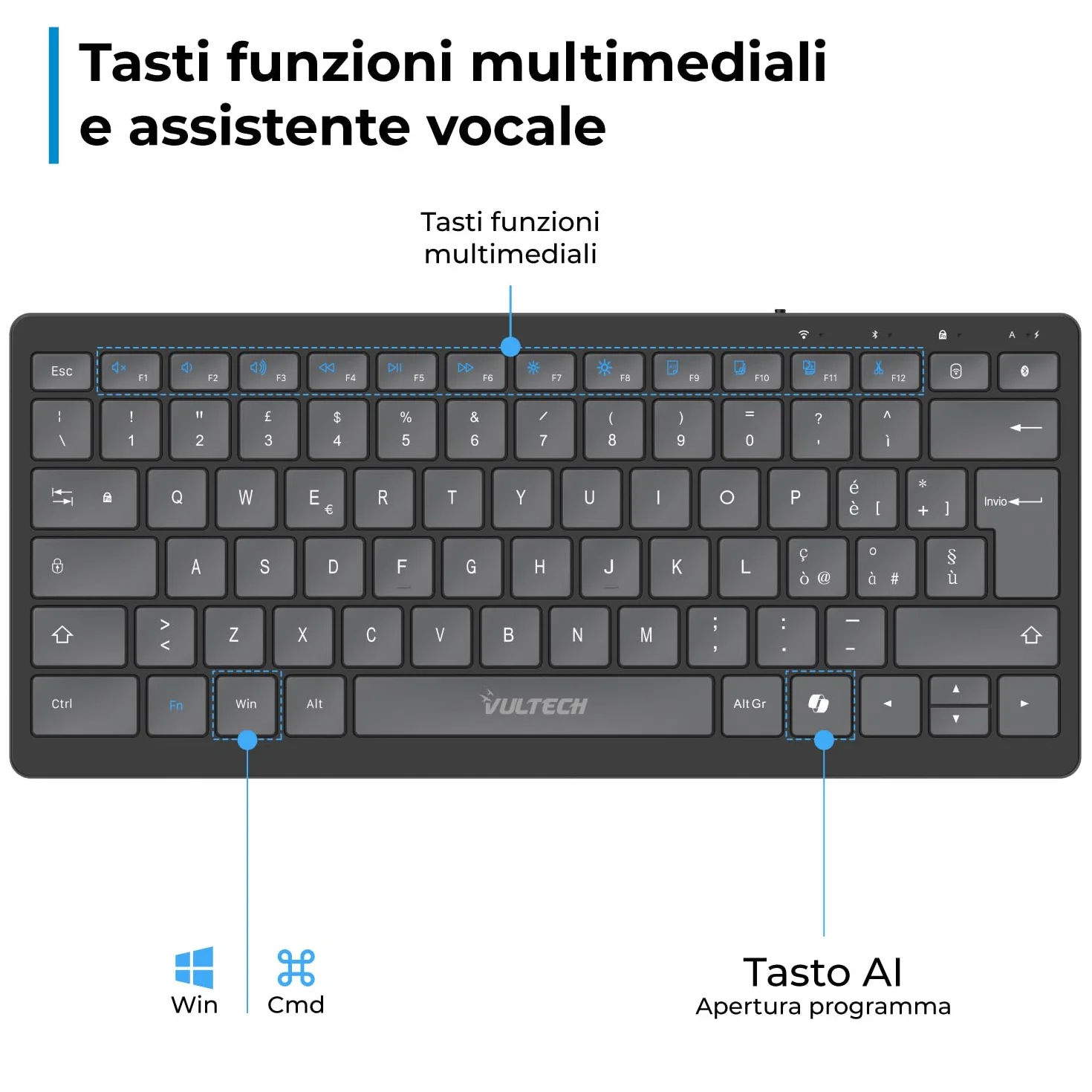 VulTech KEY-601WBT bezprzewodowa klawiatura Bluetooth do wielokrotnego ładowania 80/90 godzin ultradźwiękowy włoski układ. Ciche przyciski, 12 multimediów, kompatybilny z komputerem PC, Mac OS