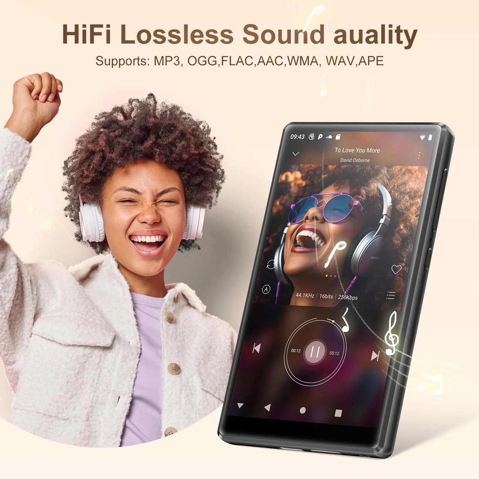SWOFY Odtwarzacz MP3 z ekranem dotykowym 96 GB, 5 cali, Bluetooth 5.0, 2500 mAh, dwuzakresowa sieć Wi-Fi, Android 13.0, dźwięk HI-FI, wstępnie zainstalowany Spotify & Amazon Music E-book Reader