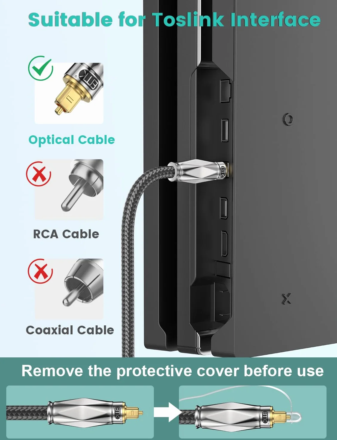 EMK Optyczny kabel audio, kabel Toslink Spdif, kabel światłowodowy, cyfrowy kabel audio out, do zestawu stereo, soundbaru, kina domowego, PS4 (6 metrów)