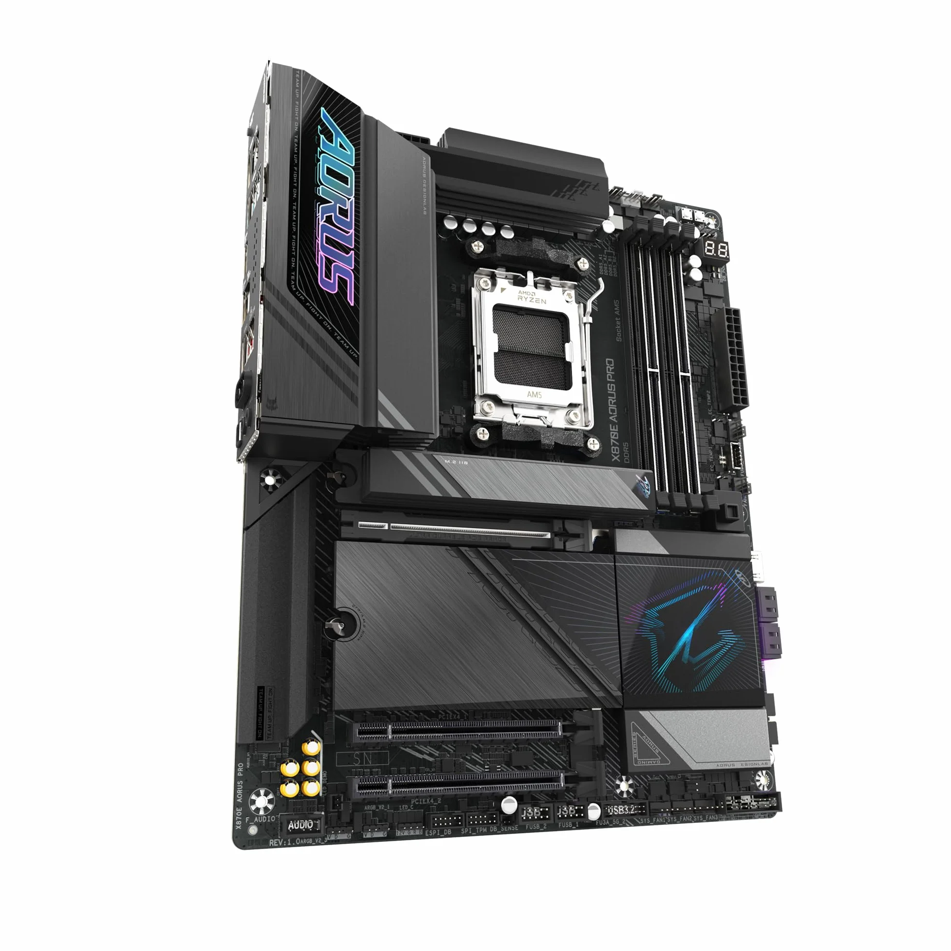 GIGABYTE Płyta główna X870E AORUS Pro - obsługuje procesory AMD Ryzen 9000, cyfrowy VRM 16+2+2 fazy, do 8000 MHz DDR5 (OC), 3xPCIe 5.0, Wi-Fi 7, LAN 2.5GbE, USB 4