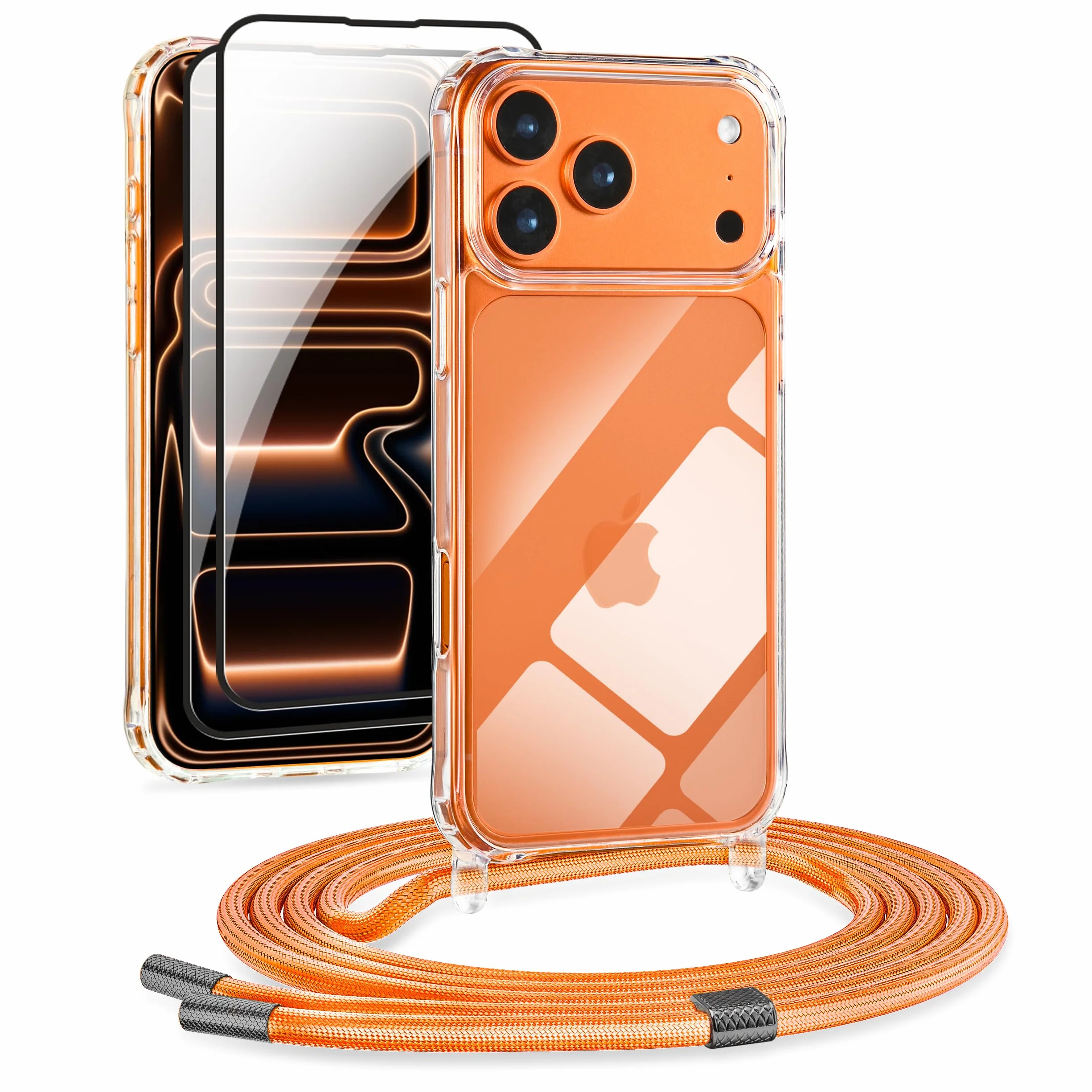 DiDaDi Zestaw 4 w 1 ze smyczką na telefon komórkowy iPhone 17 Pro Max, etui z paskiem, przezroczyste, zdejmowane etui ochronne ze smyczą, 2 x szkło pancerne, etui na telefon komórkowy (pomarańczowe)