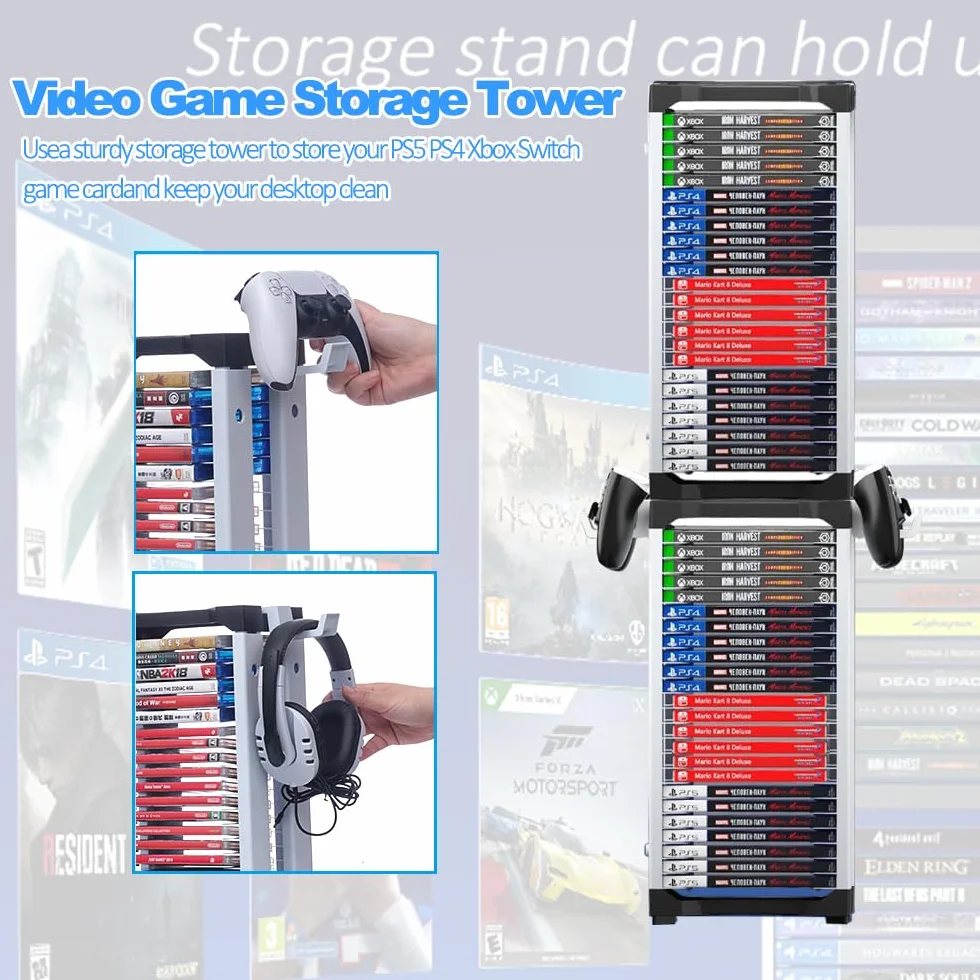 Gry Storage Tower na PS5, regał na płyty do gier wideo na PS4, Xbox Series X, Switch Games i Blu-Ray, pomieści 46 sztuk płyt do gier, łącznie z 2 uchwytami na słuchawki