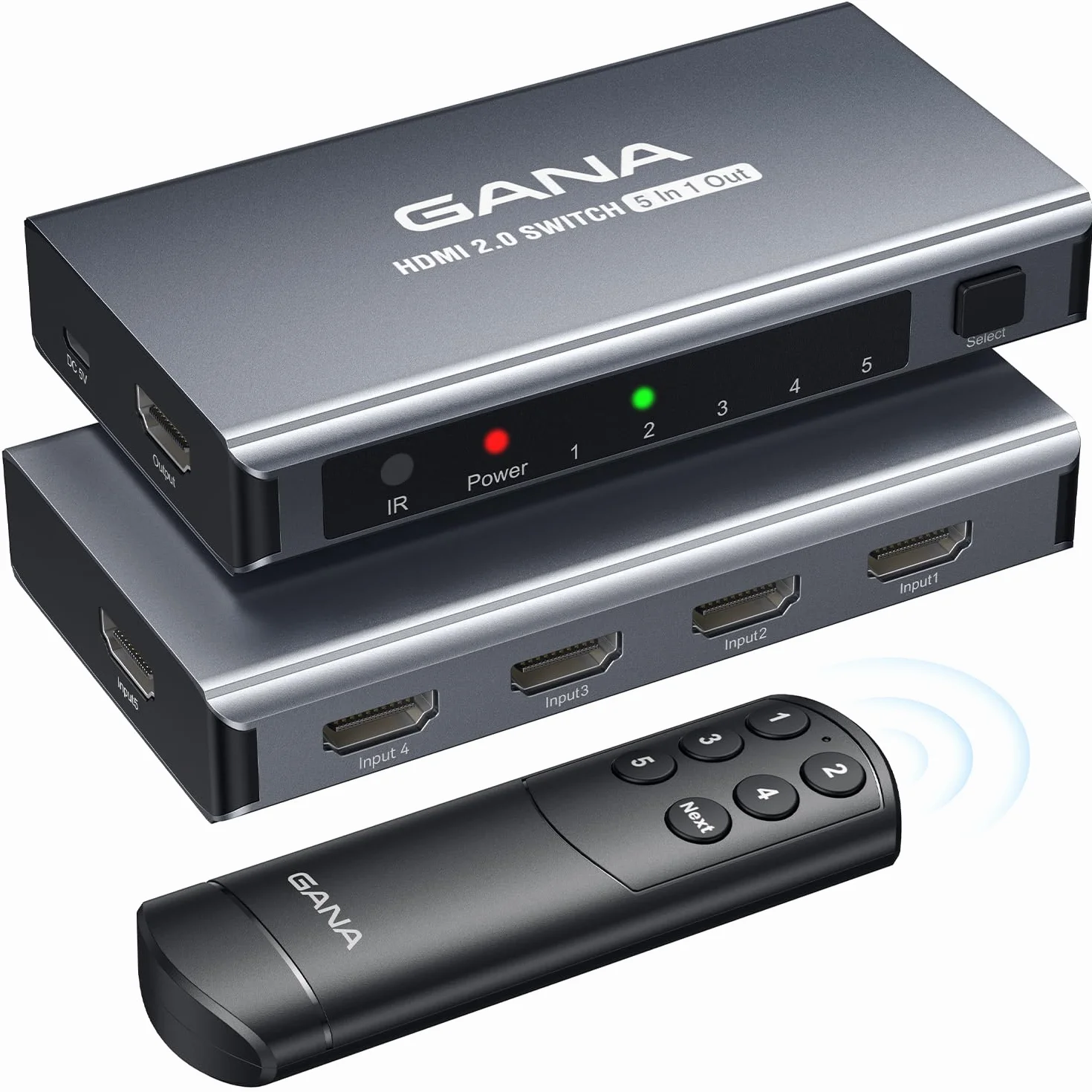 Przełącznik HDMI 5 w 1 Out 4K przy 60Hz, GANA rozdzielacz HDMI z pilotem, aluminiowy koncentrator HDMI 2.0 do 3D, HDCP2.2, HDR, kompatybilny z Xbox, PS5/4/3, Fire Stick, Roku, odtwarzaczem Blu-Ray