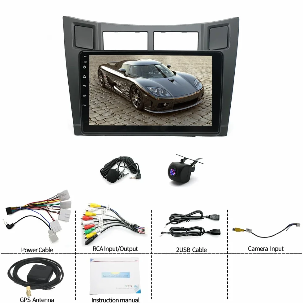 BYNYXI 9 cali 4 GB + 64 GB bezprzewodowy i przewodowy Android auto CarPlay dla Yaris XP90 2005-2012, Android 14 nawigacja GPS WIFI Bluetooth sterowanie głosem widok z tyłu samochodowy ekran stereo