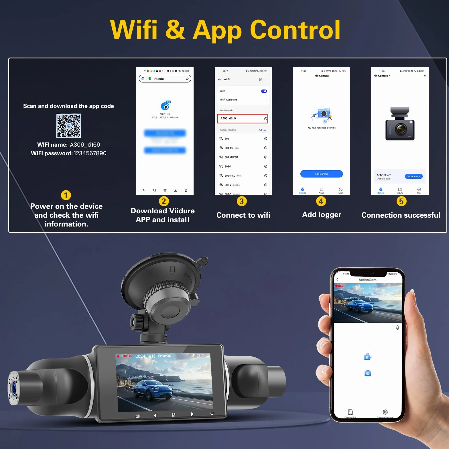 Hikity 3.0" DVR 1080P WiFi kamera samochodowa kamera samochodowa z aplikacją sterującą aplikacją z kartą SD 64 GB szerokokątny kąt 360°, monitorowanie parkowania 24 h, czujnik G, nagrywanie w pętli