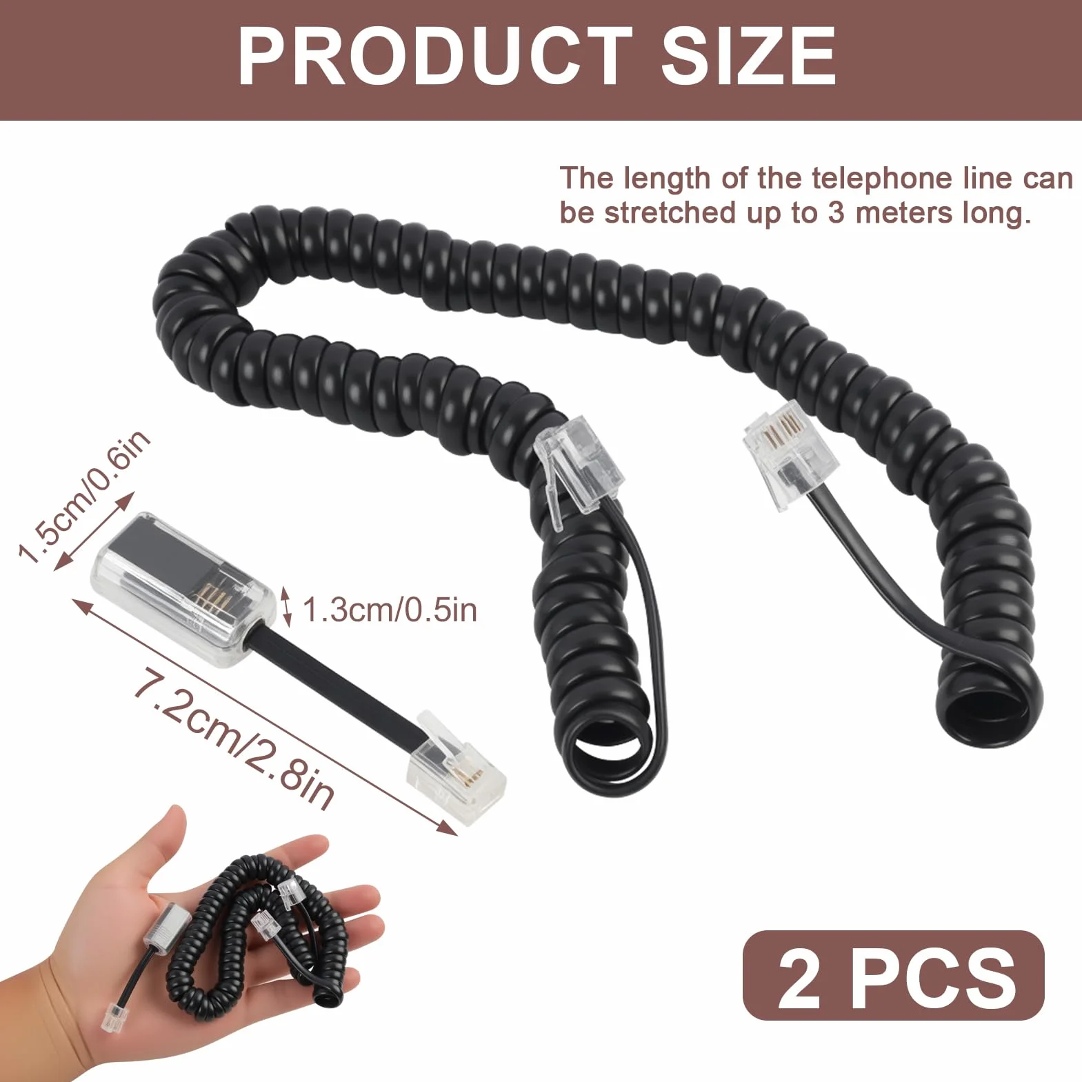 Kabel telefoniczny RJ9 4P4C 3 metry z obrotowym rozplątywaniem o 360°, czarny - spiralny kabel telefoniczny stacjonarny, uniwersalny kompatybilny ze wszystkimi telefonami z interfejsem RJ9 do domu i