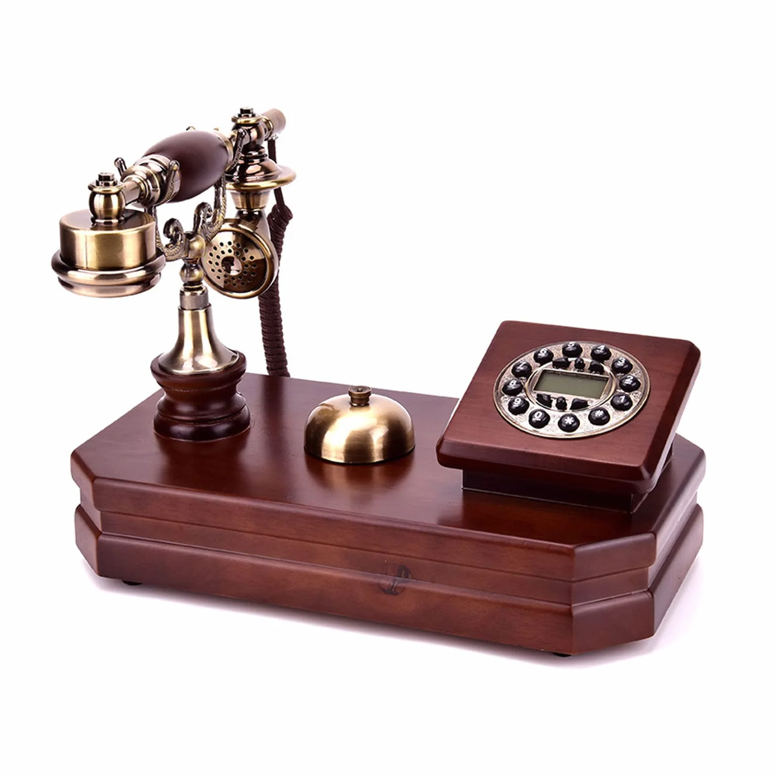 Antyczny telefon drewniany telefon vintage telefony z podświetleniem, styl vintage europejski przewodowy FSK/DTMF stacjonarny telefon stacjonarny do domu, dekoracja