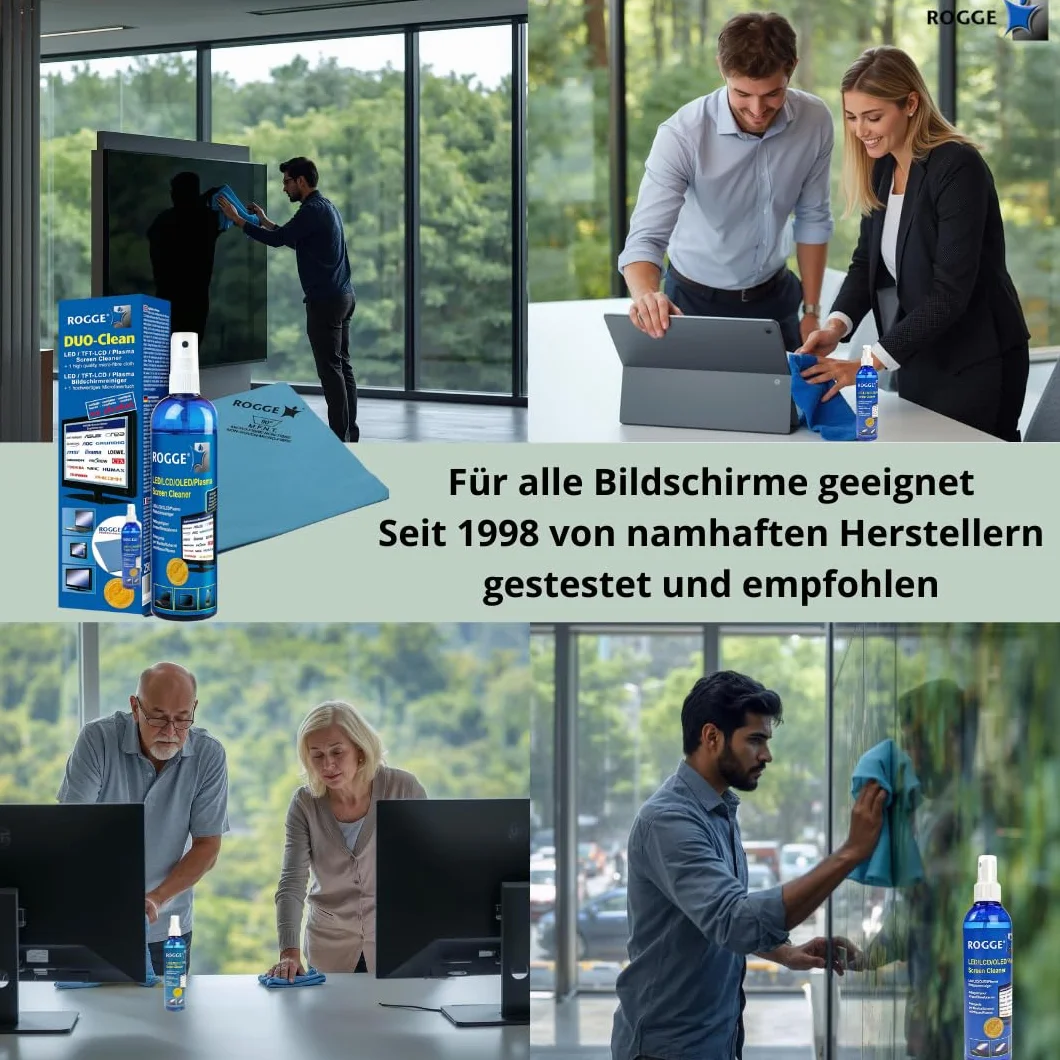 ROGGE Duo-Clean oryginalny podwójny zestaw, 2X 250ml LCD - TFT - LED - TV - Ekran dotykowy + Plasma Screen Cleaner + 2X ROGGE Prof. ?ciereczki z mikrofibry 38x40cm. The Original Since 1998. Made in Germany