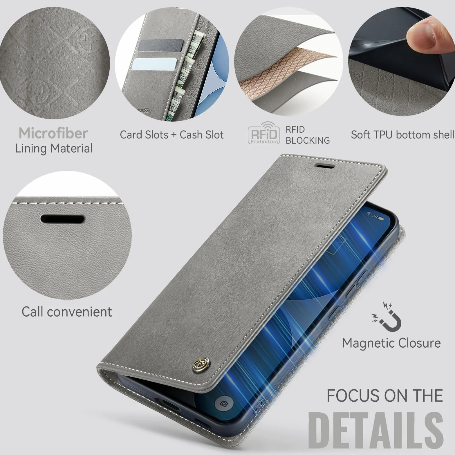 Etui na telefon komórkowy Nothing Phone (4a) Premium PU etui z klapką ze skóry RFID, składane, kieszeń na karty, funkcja stojaka, etui Nothing Phone (4a) - szare