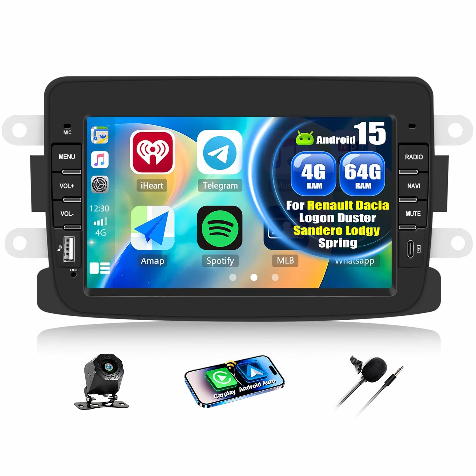 4 + 64 G Android 15 CAMECHO 7 cali radio samochodowe do Renault Dacia Logon Duster Sandero Lodgy Spring z bezprzewodowym Carplay Android Auto, nawigacja GPS Radio ekran dotykowy HD z Bluetooth WiFi