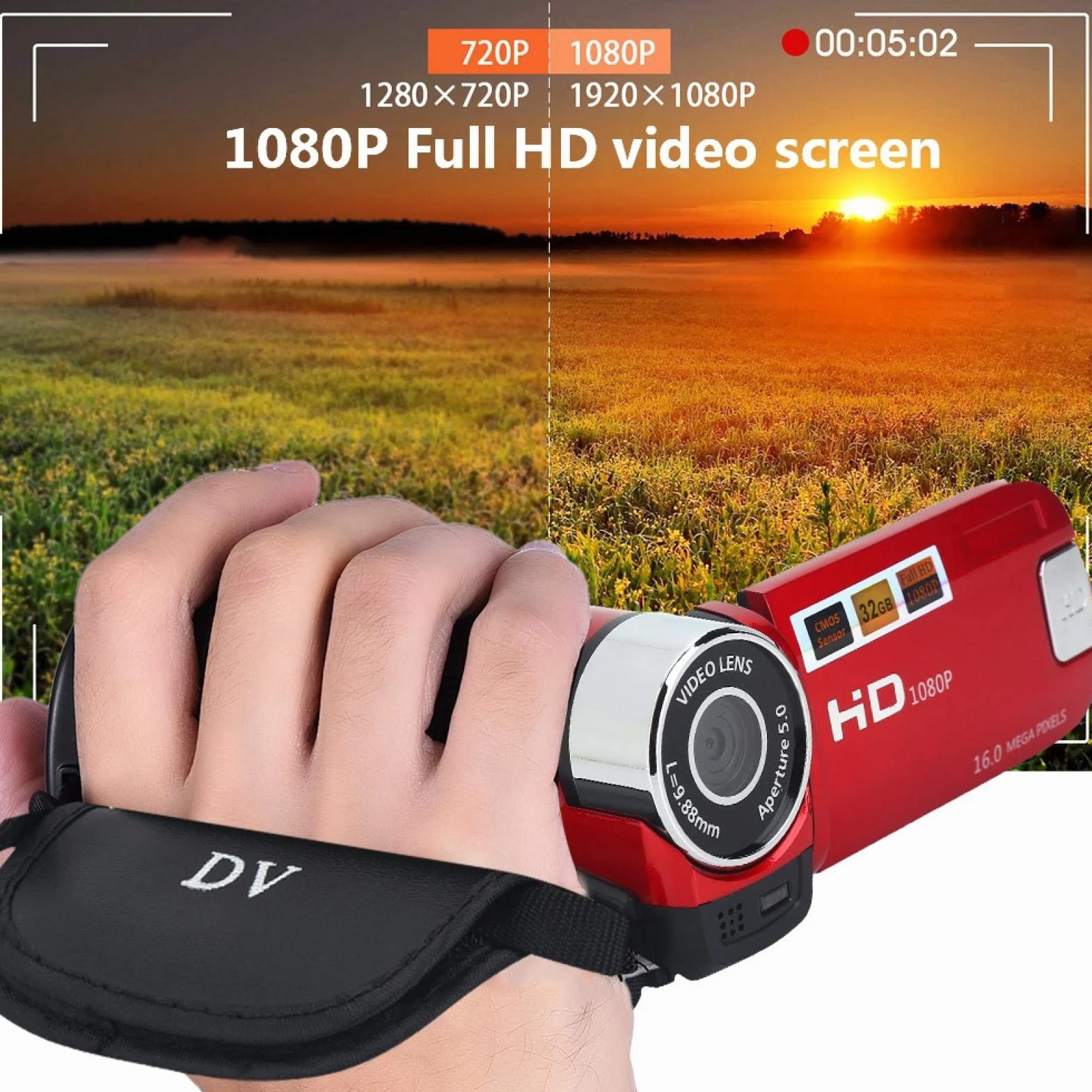 Trabar Ręczna Kamera Wideo 1080P FHD 16-krotny Zoom Cyfrowy, z Czujnikiem COMS, Wbudowanym Głośnikiem, Ekranem Obrotowym 270°, DV (Czerwona)