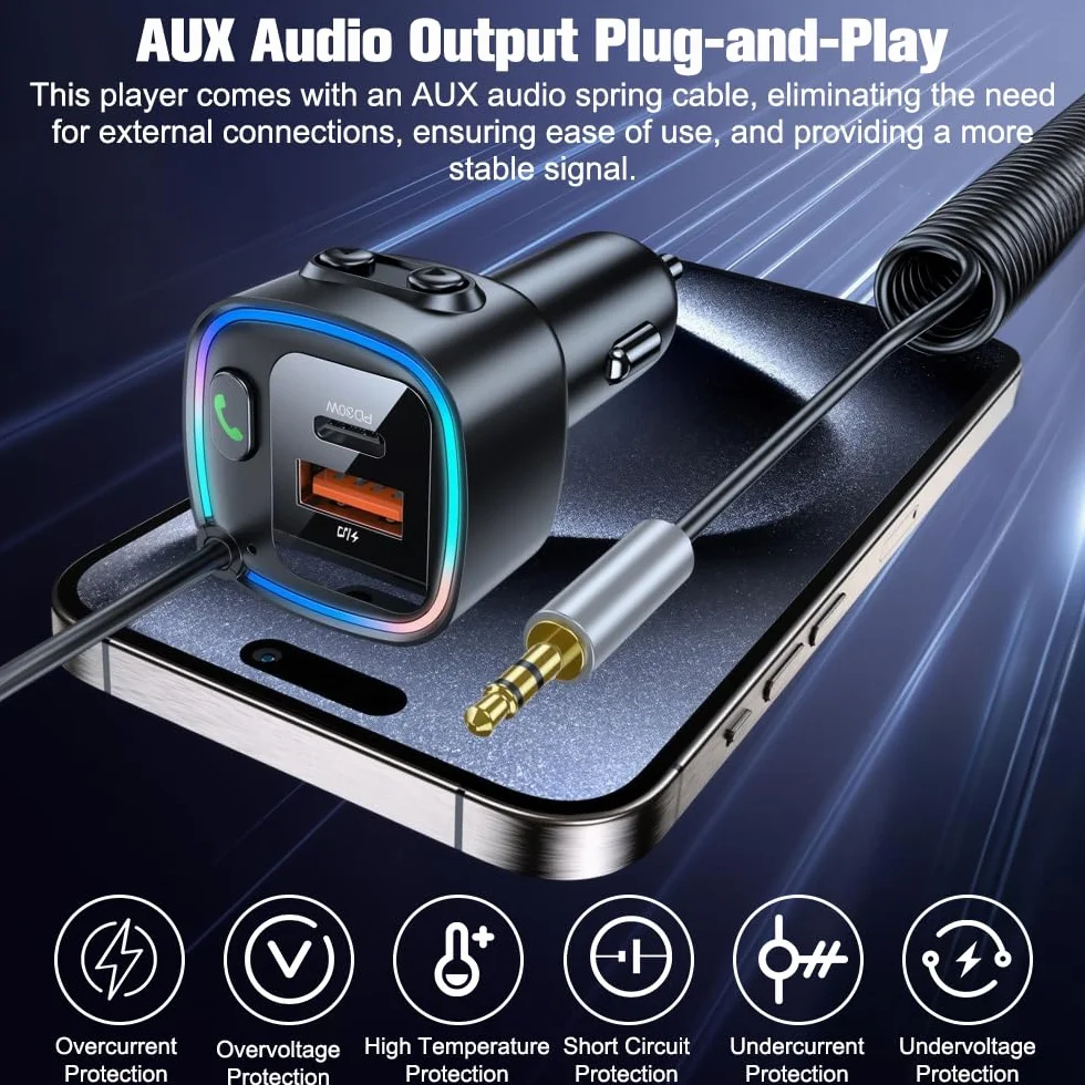 Aux Bluetooth Auto 5.4 adapter samochodowy Bluetooth Bluetooth z gniazdem AUX 3,5 mm, ładowarka samochodowa 42 W, szybkie ładowanie PD 30 W i QC 12 W, kabel sprężynowy 90 cm