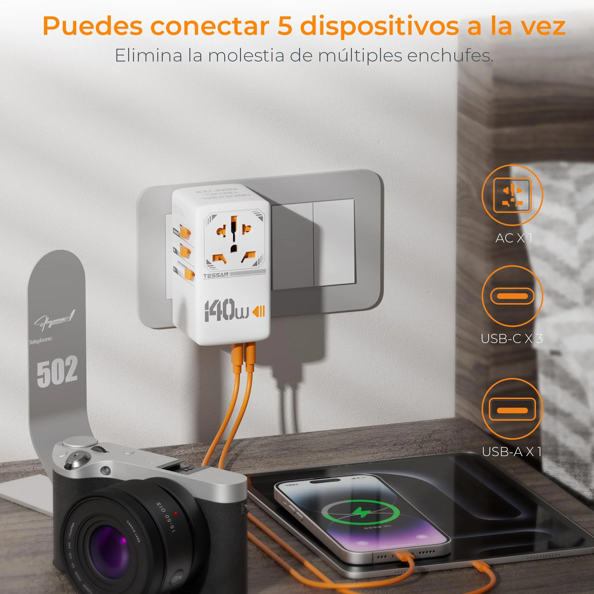 TESSAN 140W GaN Travel Adapter na całym świecie, Szybkie ładowanie Adapter, Podróżne wtyczki na całym świecie z 3 USB C, 1 USB A, Podróżne zasilanie dla UE USA Japonia Tajlandia Australia Kanada