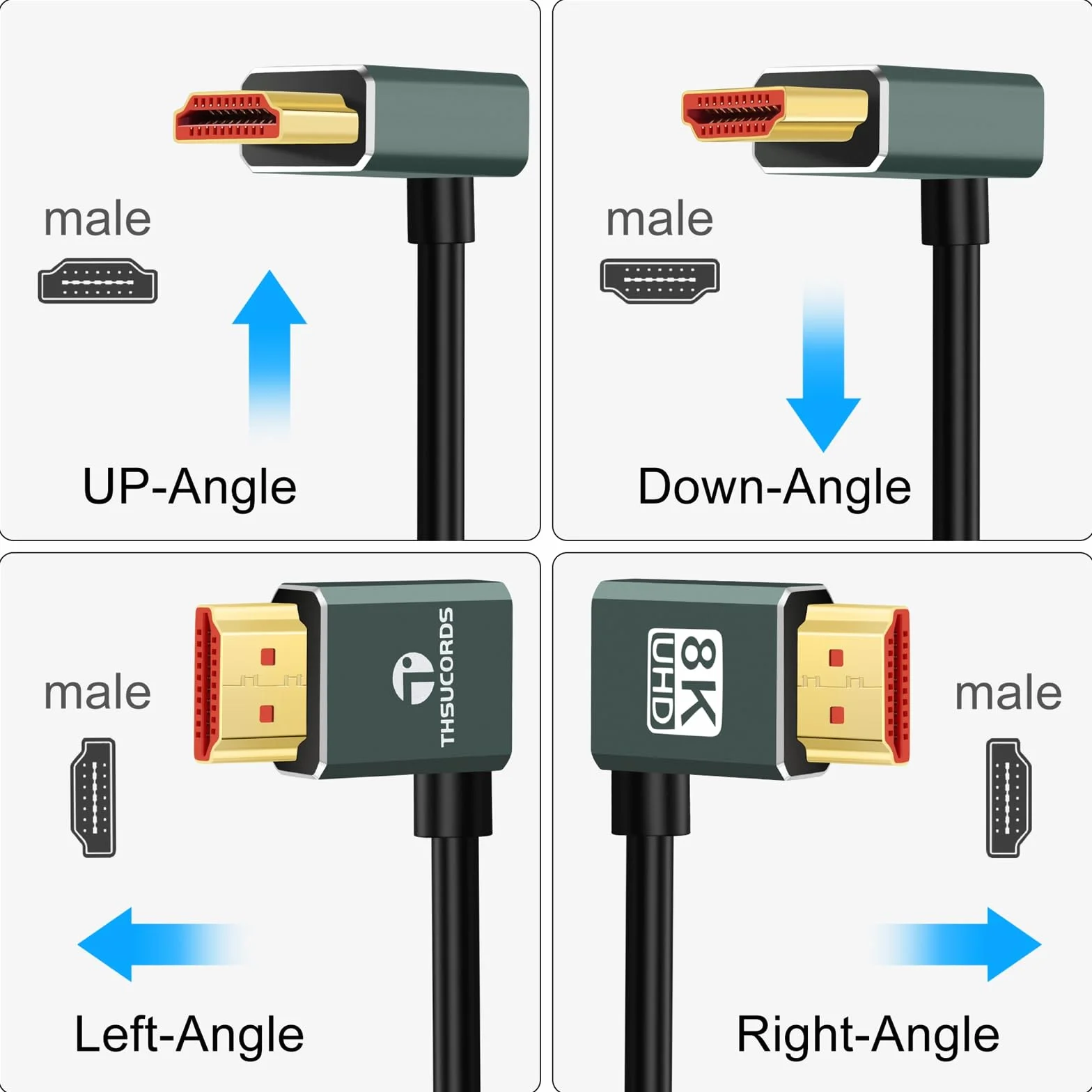 Thsucords Ultra Cienki Kabel HDMI 2.1 2M, Kąt 90°, Obsługuje 8K @60 Hz, 4K @120 Hz, Kompatybilny z PS5