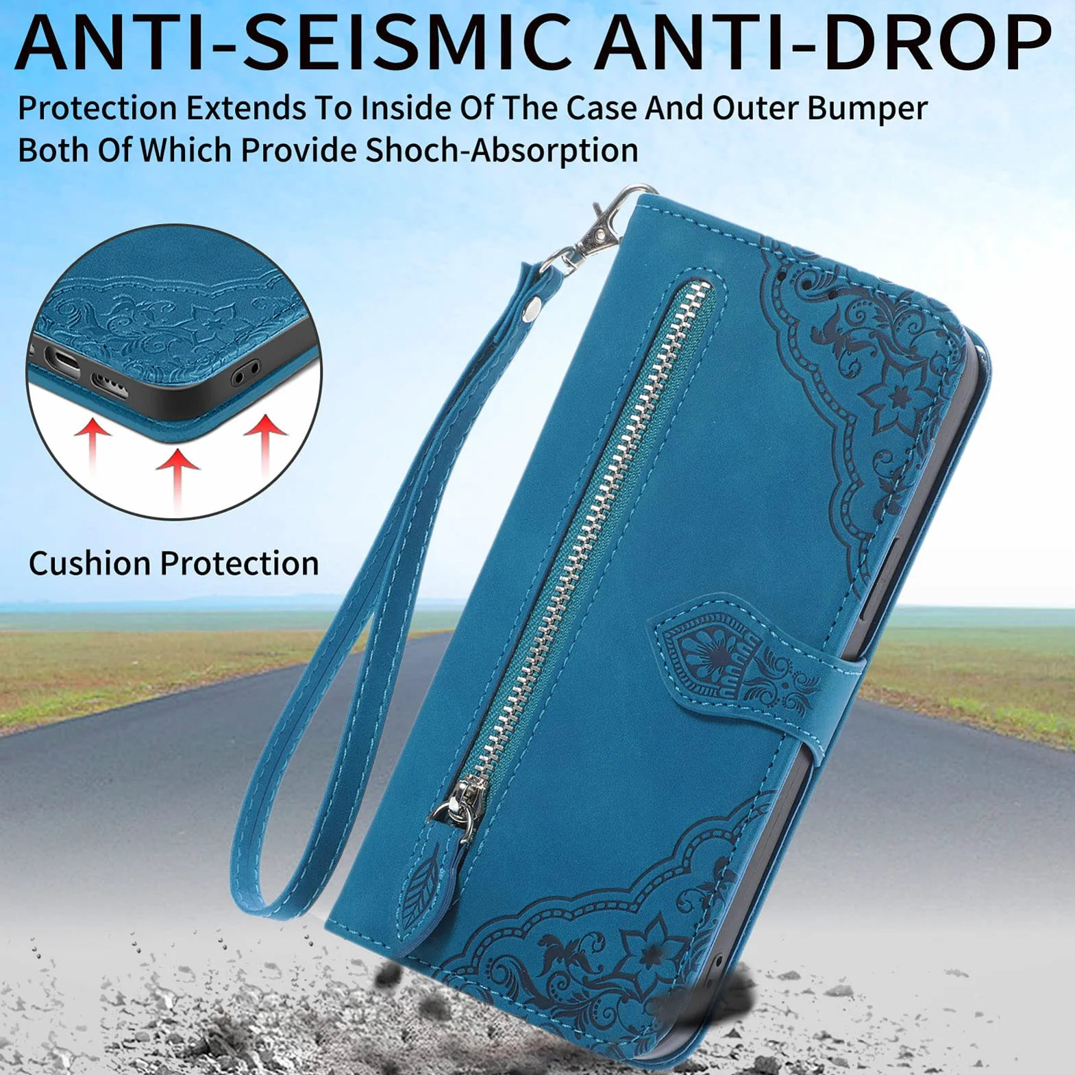 Etui na Samsung Galaxy A32 4G, klapką skórzane etui z zamkiem błyskawicznym zapięcie magnetyczne z podpórką i przegródkami na karty odporne na uderzenia - Niebieski