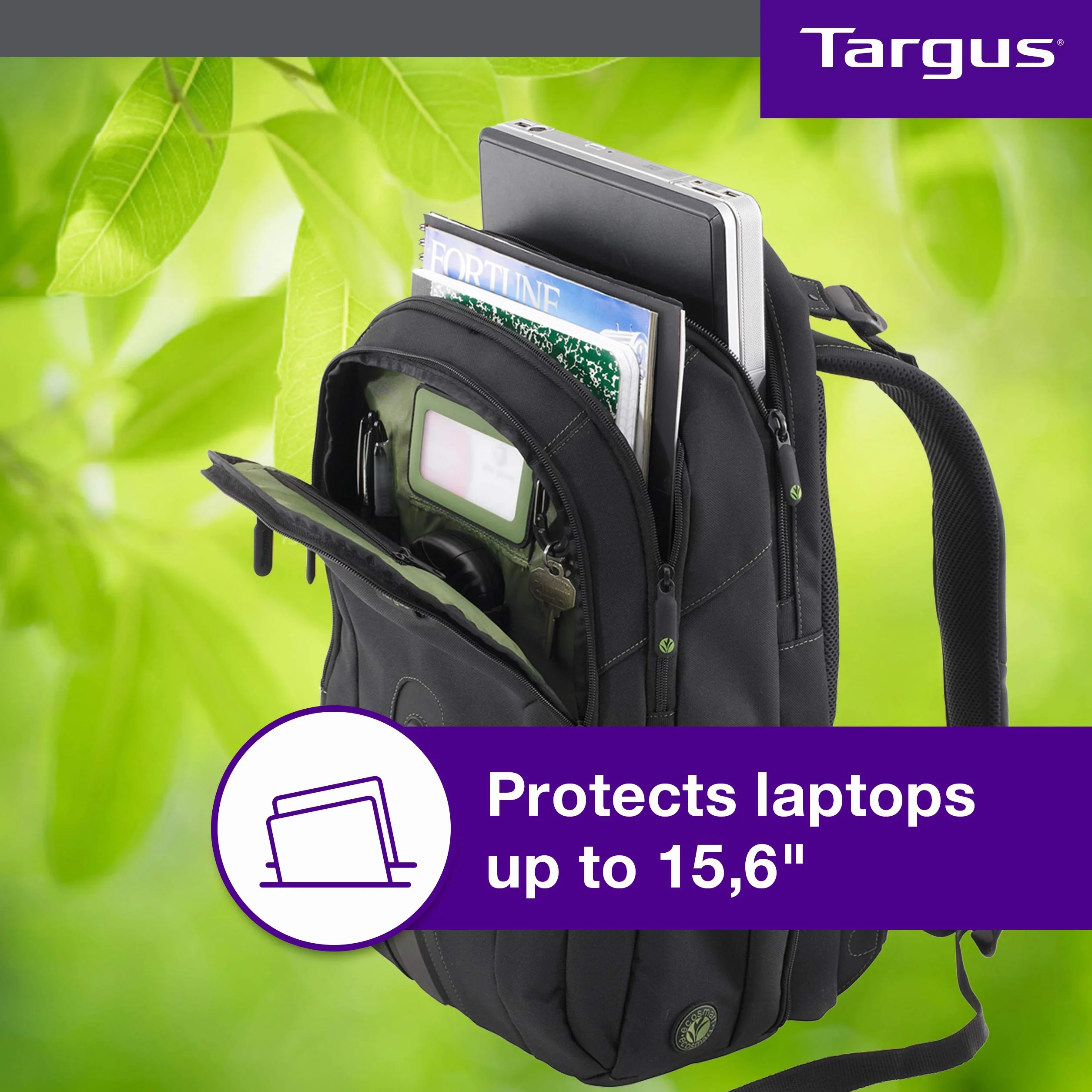 Targus Torba na laptopa, pasuje do laptopów o przekątnej do 15,6 cala i pojemności 27 l, ekologiczny plecak wykonany z butelek z recyklingu, trwały, przyjazny dla TSA - czarny