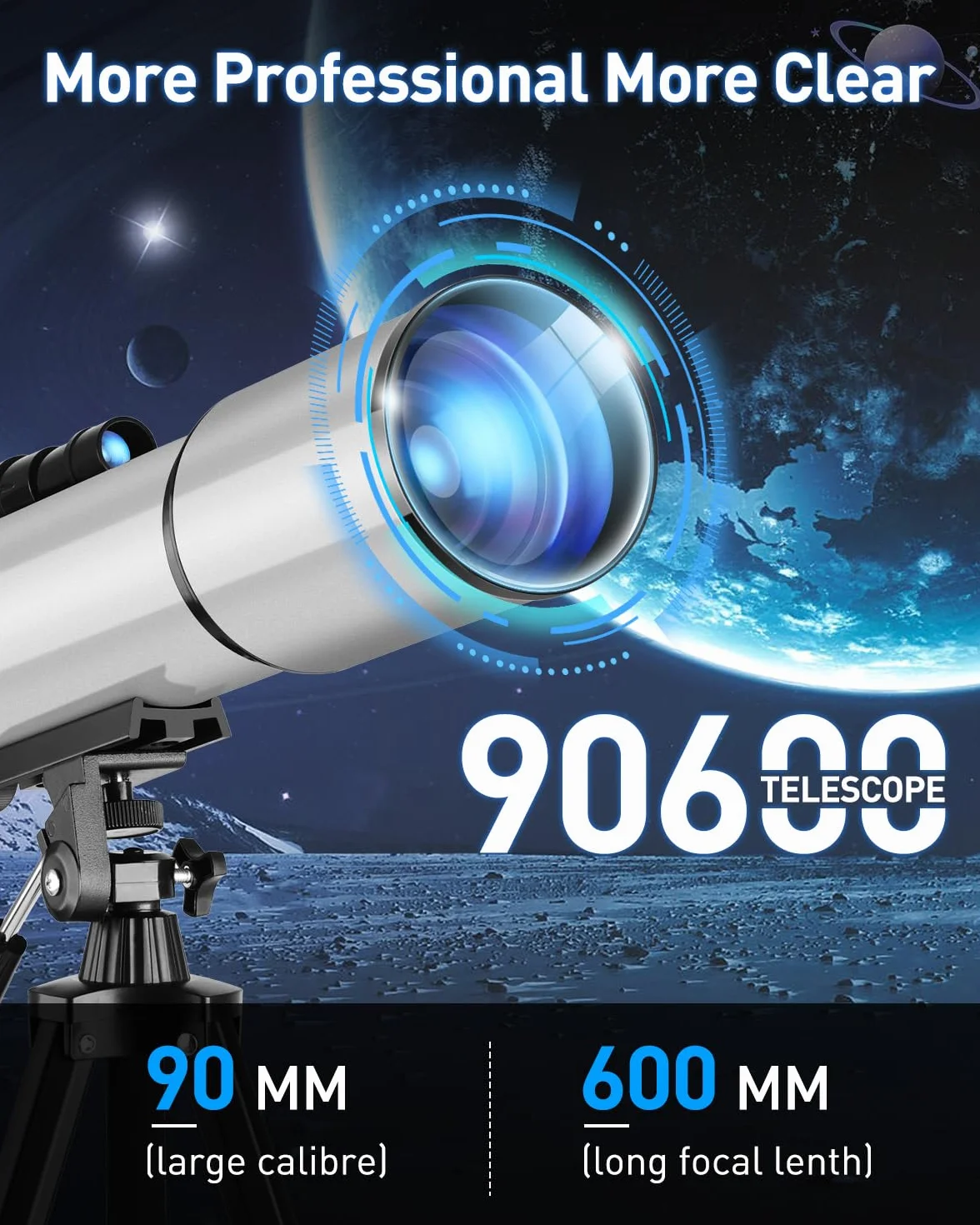 Teleskopowy refraktor astronomiczny 90/600 mm ze statywem aluminiowym – kompletny zestaw z 2 okularami (10 mm i 25 mm), 3 x soczewka Barlow, adapter do smartfona i torba do przenoszenia