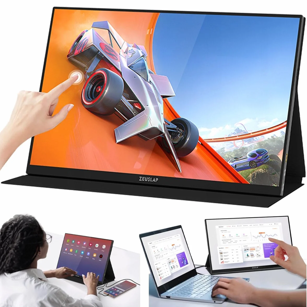 ZEUSLAP P16KT Monitor Przenośny 16" 2.5K 2560x1600 Dotykowy IPS 144Hz HDR Mocowanie VESA USB-C HDMI do Laptopa MacBooka PS4 PS5 Xbox Nintendo Switch Telefonu Pracy Gier Oglądania Filmów