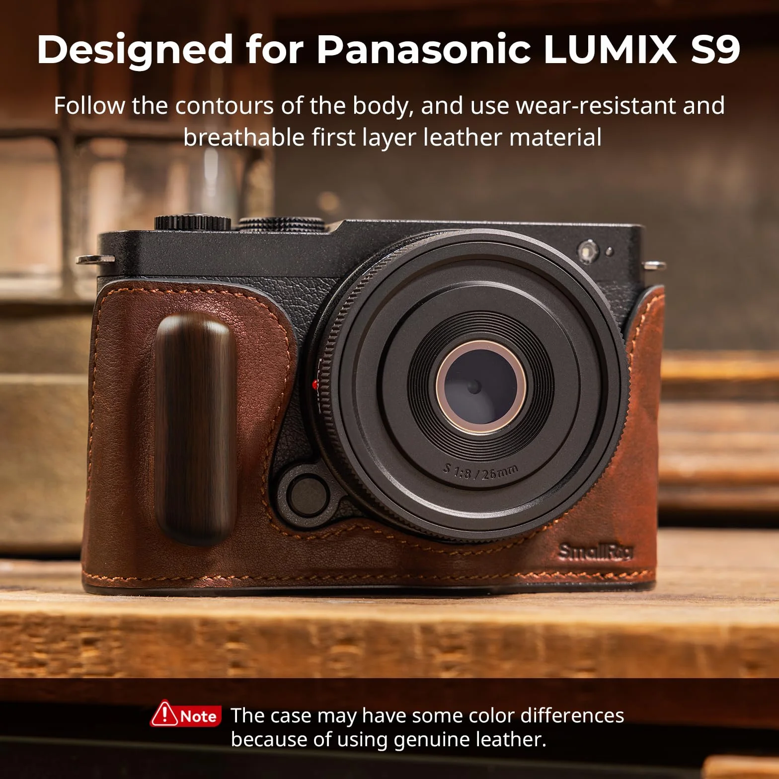SMALLRIG Half Leather Case kit, Skórzane etui na Aparat w Stylu Vintage, Półskórzane etui, Ramka ze Stopu Aluminium, z Drewnianym Uchwytem dla Panasonic LUMIX S9-4703