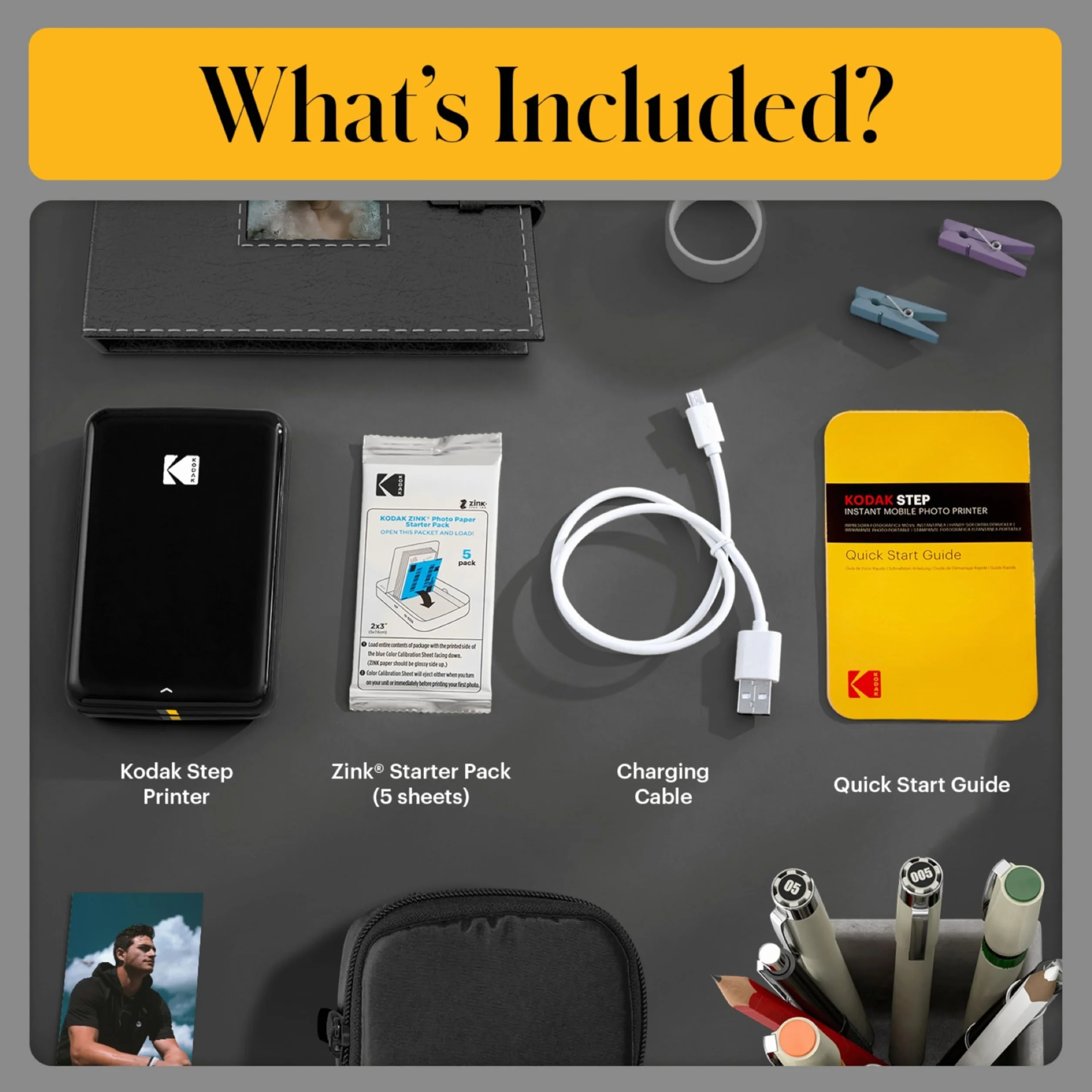 KODAK Step Natychmiastowa Drukarka Zdjęć do Smartfona - Przenośna Mini Kolorowa Bezprzewodowa Drukarka - Zdjęcia Zink 2x3” z Klejem - Bluetooth z iOS i Android - Aplikacja do Edytowania - Czarny
