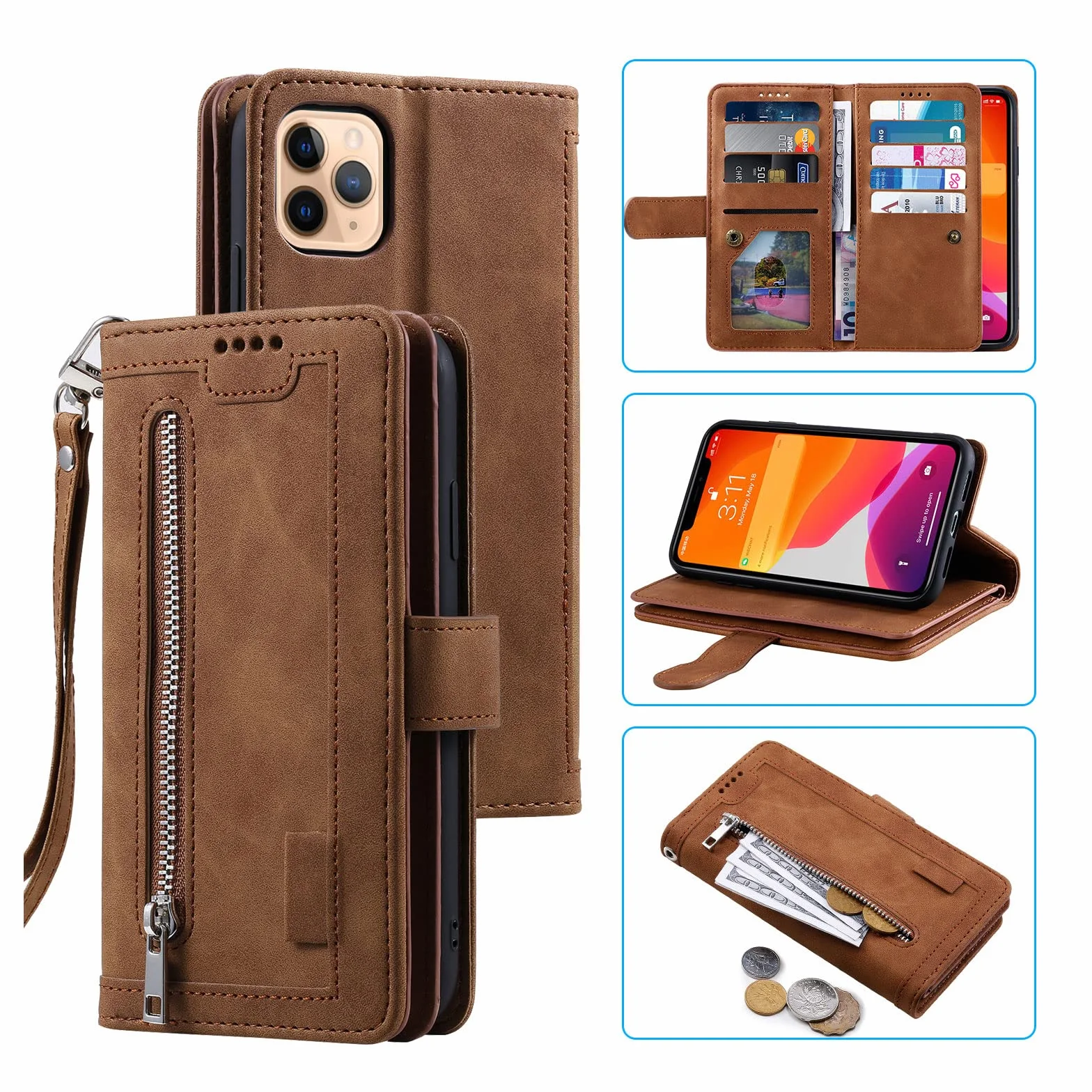 Etui do iPhone 14/14 Pro/14 Plus/14 Pro Max, skórzane etui na telefon komórkowy, portmonetka ochronna, portfel z 9 przegródkami na karty, etui z klapką, odporne na uderzenia, brązowe, 14 Pro 6,1"