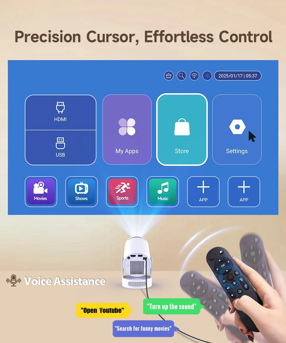 Mini rzutnik 4K, inteligentny projektor, elektryczna ostrość 5G, WiFi 6 BT 5.0, mini przenośny projektor Full HD 1080p, obsługuje 260ANSI Auto Pozioma korekcja trapezów