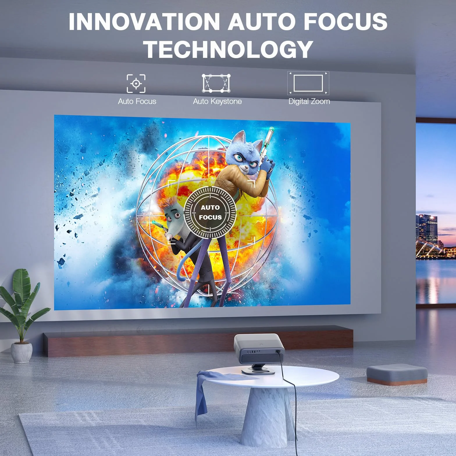 [Oficjalnie licencjonowana aplikacja i 2500ANSI] Projektor 4K z WiFi i Bluetooth, 3D Dolby Audio i Auto Focus, projektor kina domowego na zewnątrz, z regulowanym stojakiem (szary)