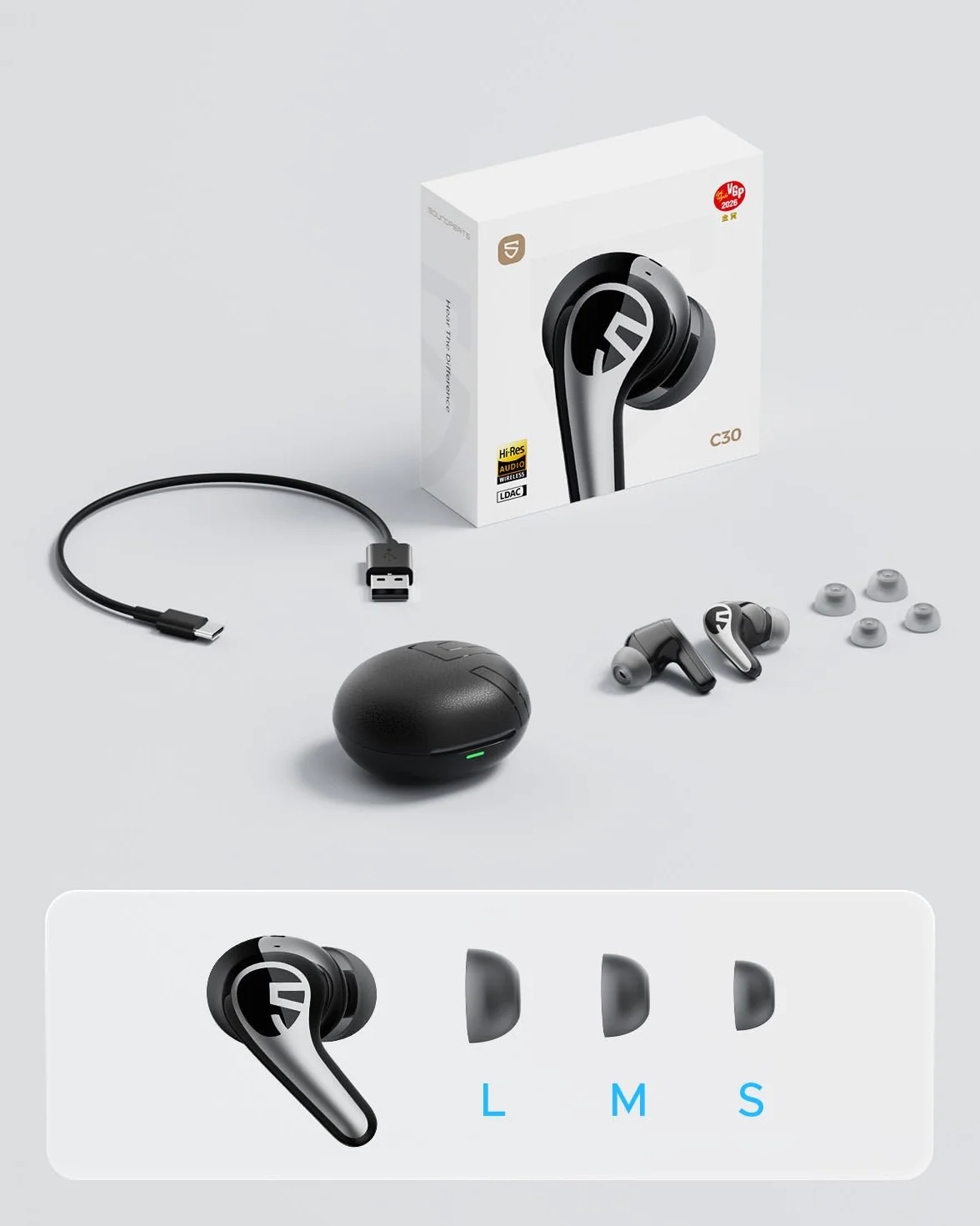 SOUNDPEATS C30 Bluetooth 6.0 Hybrydowe Bezprzewodowe Słuchawki Douszne z Aktywną Redukcją Szumu ANC 52dB i Certyfikacją Hi-Res Audio LDAC 12mm Duże Przetworniki 52h Odtwarzania 6 Mikrofonów Czarny