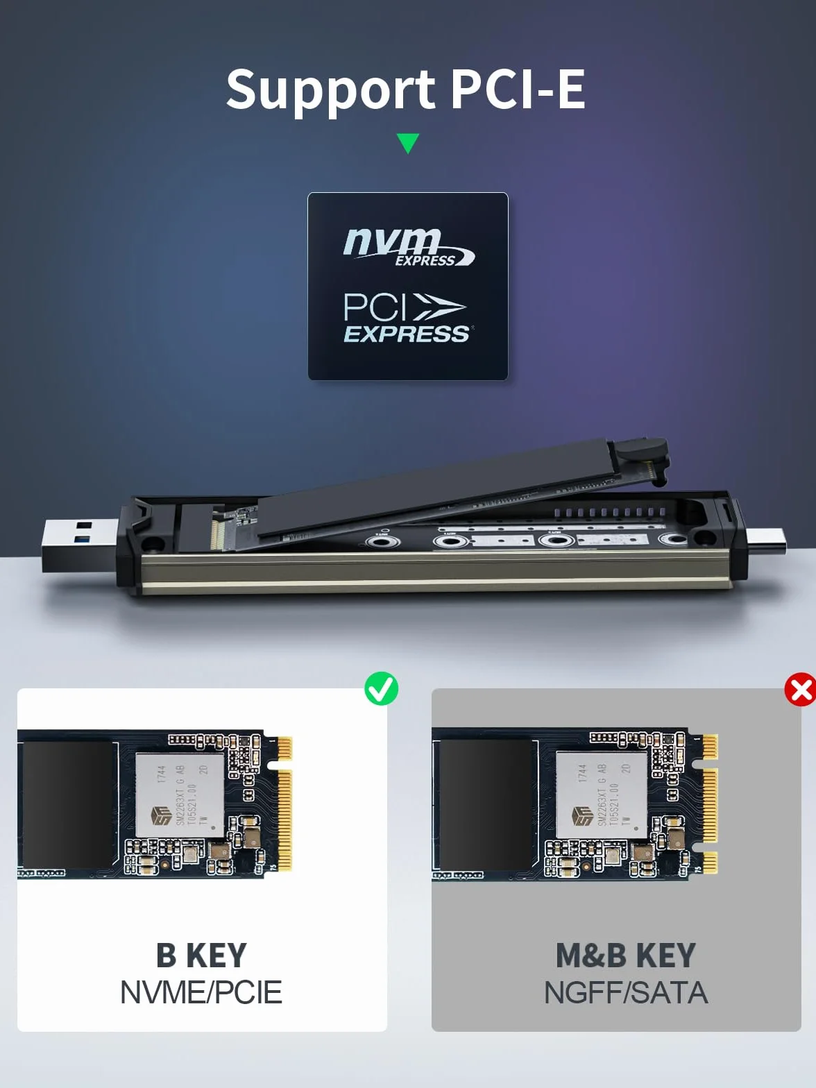 Lemorele NVMe M.2 SSD enclosure adapter, beznarzędziowy adapter zewnętrznej obudowy PCIe/SATA NVMe M.2 USB C 3.1 Gen2 (10 Gbps) dla (M-Key & M+B Key) NVMe SSD (2230/2242/2260/2280)