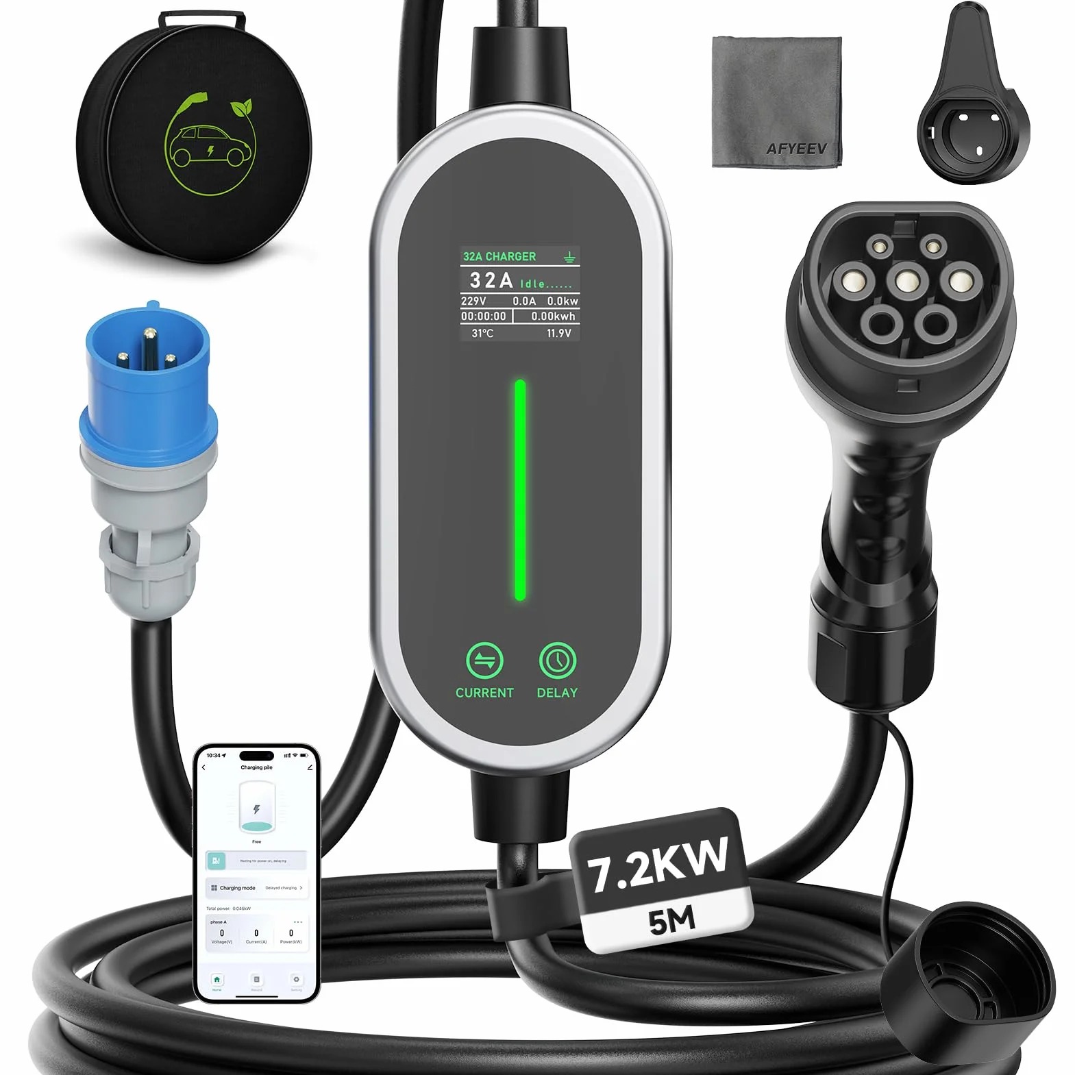 Ładowarka samochodowa elektryczna 7,2 kW, 5M kabel do ładowania samochodu elektrycznego typu 2, 6-32A regulowany prąd Ładowarka samochodowa WiFi, przenośna ładowarka Wallbox do EV i PHEV, IEC