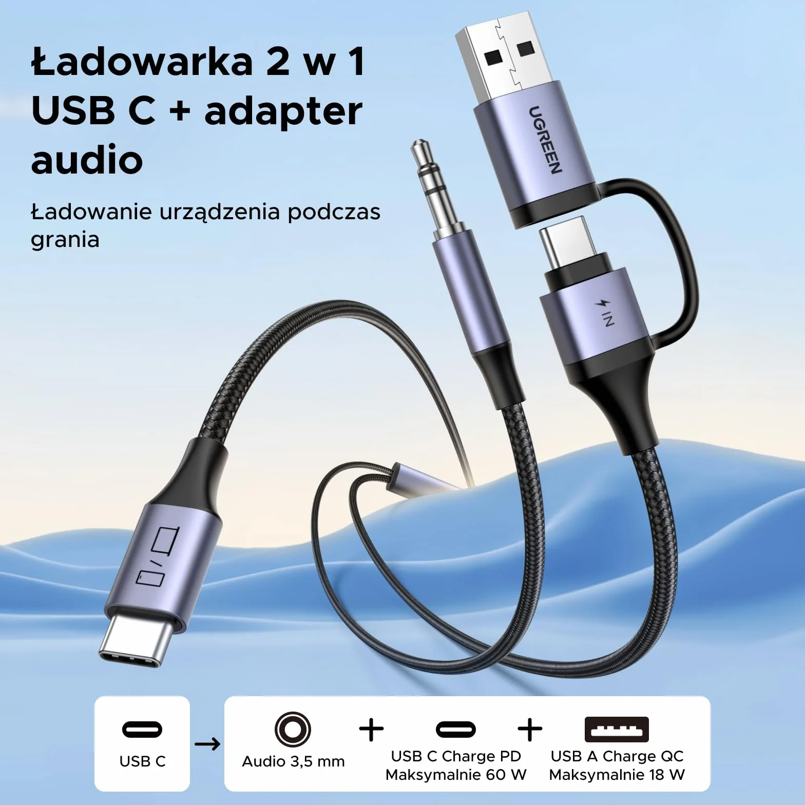 UGREEN Adapter USB-C na jack 3,5mm, 2w1 z 60W PD | kompatybilny z iPhone 17, Galaxy S25, iPad Pro itp., Hi-Res Audio, szybkie ładowanie 60W PD, Plug & Play, bez sterowników