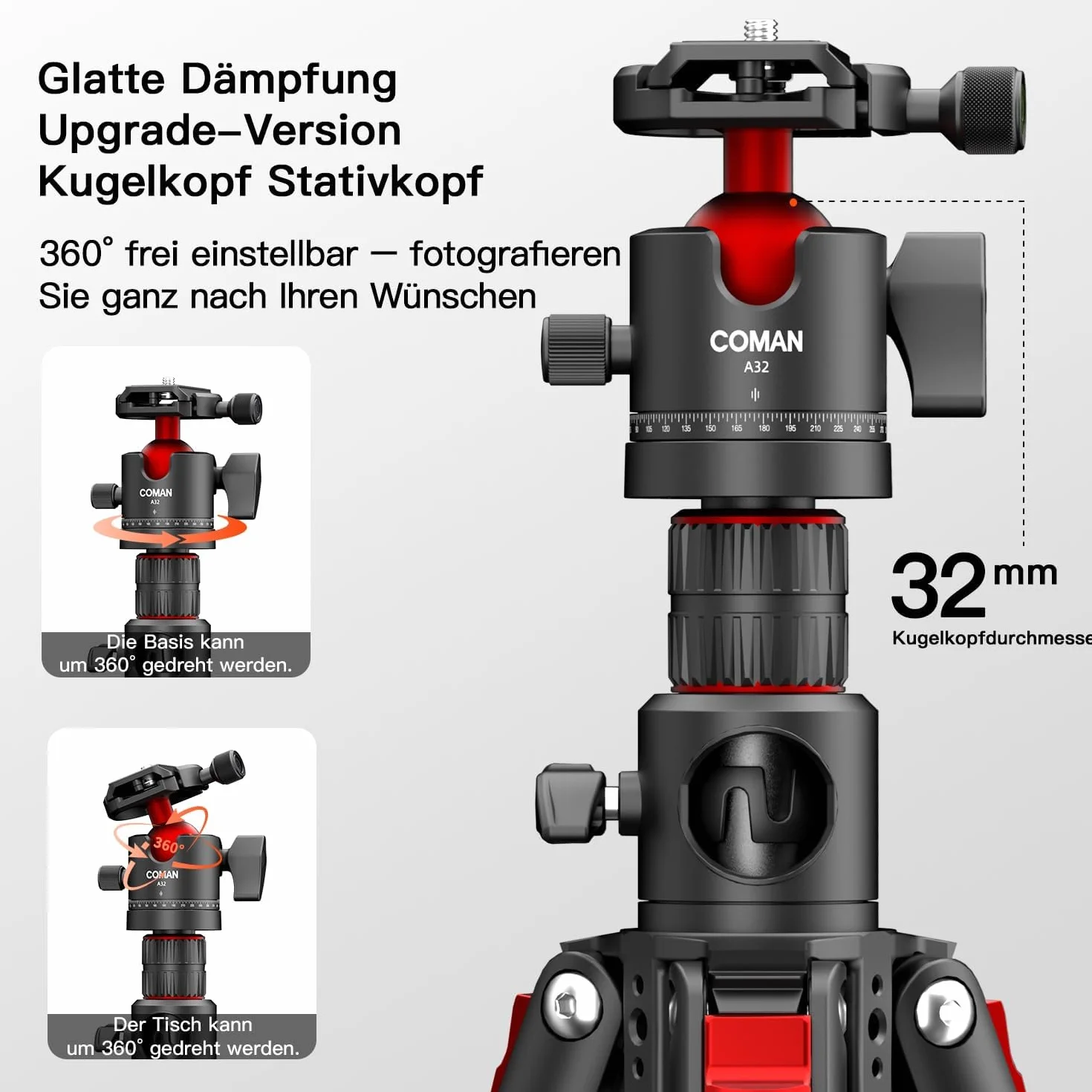 COMAN Statywy trójnożne 183 cm nad kolumną środkową, głowicą kulową 360°, płytą szybkiego montażu Arca i maksymalną nośność 5 kg. Nadaje się do aparatów fotograficznych i lustrzanek.
