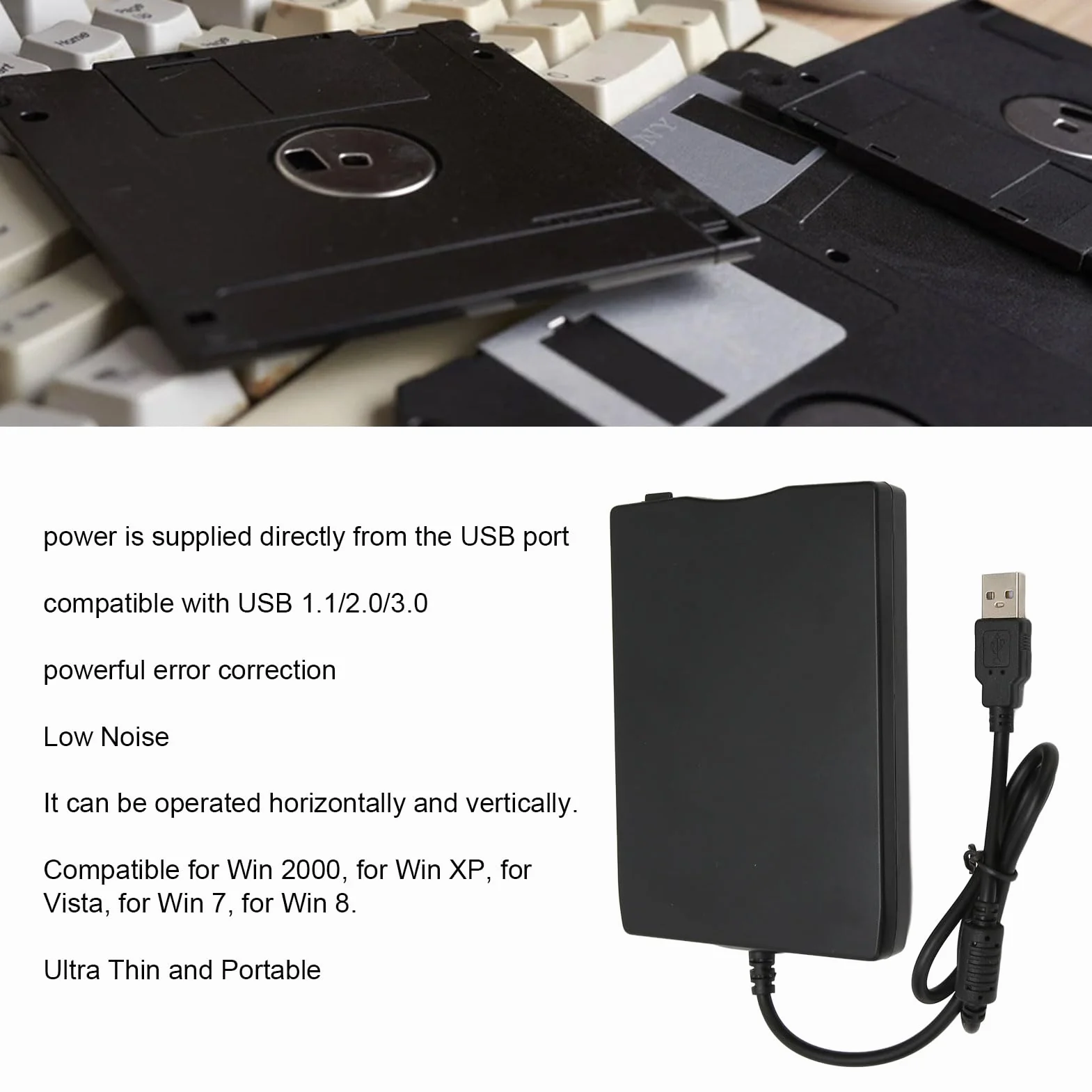 Ejoyous Czytnik dyskietek, 3,5-calowy zewnętrzny dysk dyskietek USB PC 1,44 MB/2 HD na zewnątrz, kompatybilny z 2000/7/10 XP Vista