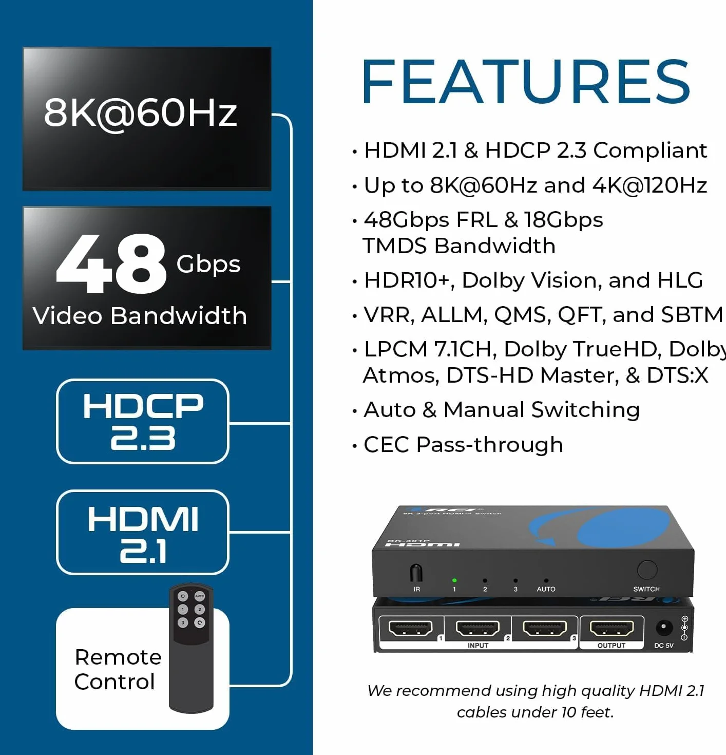OREI 8K 3-Port HDMI 2.1 Switch, 3-In 1-Out, 8K@60Hz, Manual & Auto Switch | hdmi switch with remote, hdmi switch 4k 120hz, HDR10+, Dolby Vision, VRR, ALLM, CEC, PS5/Xbox compatible